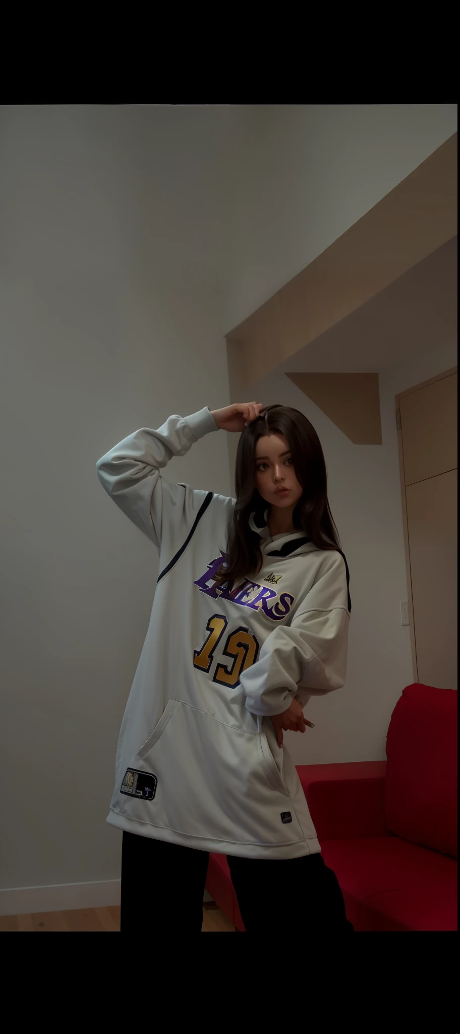 Araffe wearing a Lakers jersey and black pants in a living room, wearing an NBA jersey, she's wearing streetwear, low-quality footage, low-quality video, wearing a basketball jersey, wearing a volleyball jersey, wearing a track suit, wearing an oversized hoodie, wearing a jumpsuit, her hair is dark brown,  Dressed in flowing long clothes, brunette colored girl.