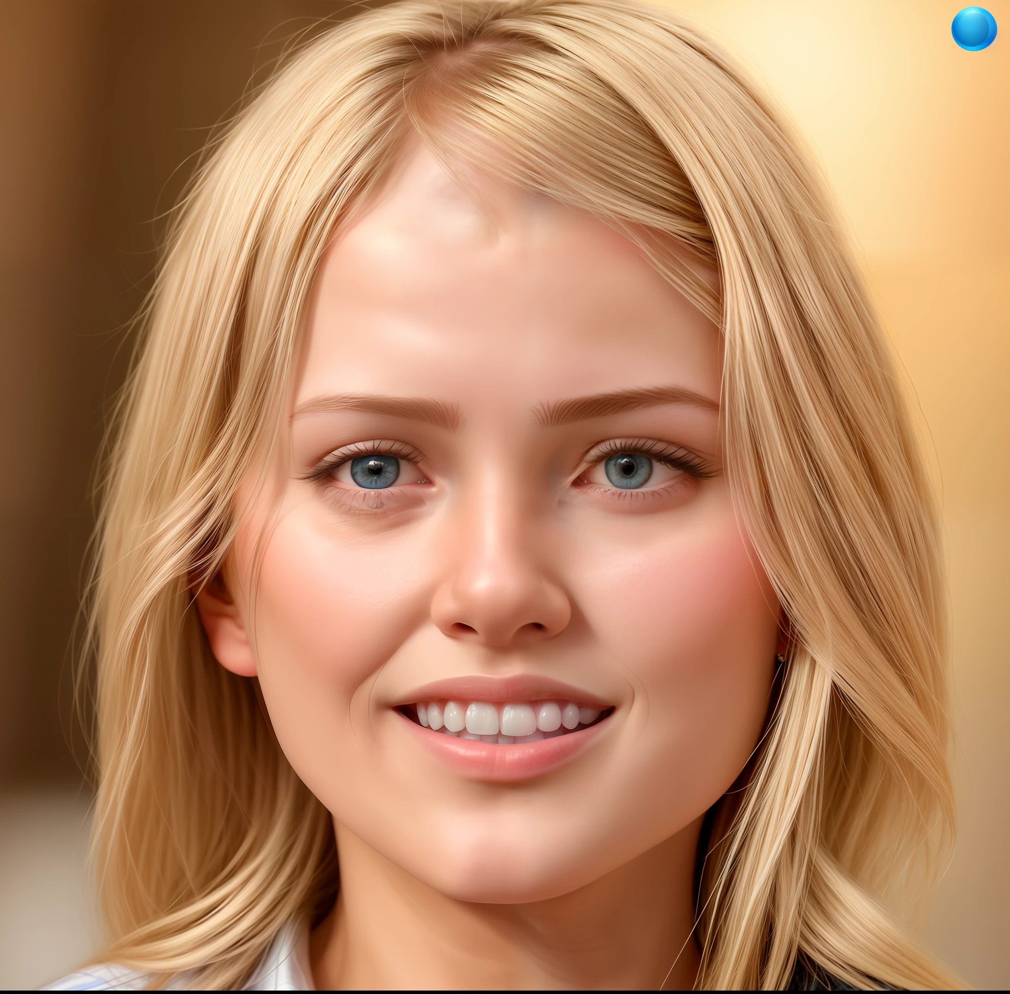 blonde woman with blue eyes and white shirt smiling, bust photo, young female face, portrait, close up portrait, young cute face, headshot profile picture, realistic rendered face, photo of young woman, 13 years old, judy bateman, headshot photo, close up avatar, medium close up portrait, portrait of a young teenage girl, realistic portrait photo
