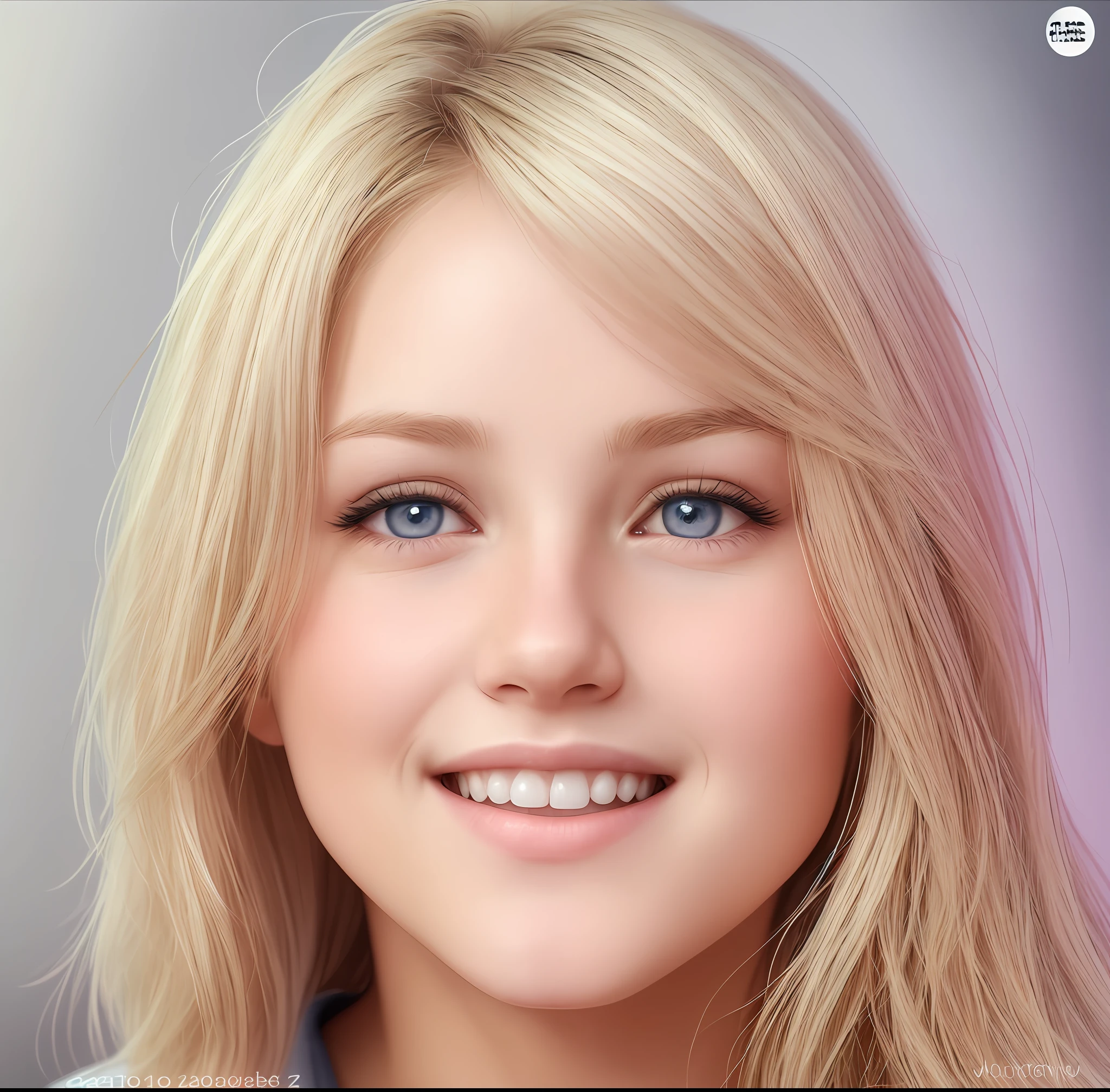 blond woman with blue eyes and a white shirt smiling, headshot photograph, young female face, headshot portrait, closeup headshot portrait, young cute face, headshot profile picture, realistically rendered face, photo of young woman, aged 13, headshot photo, jodie bateman, closeup headshot, medium close up portrait, portrait of a young age girl, realistic portrait photo