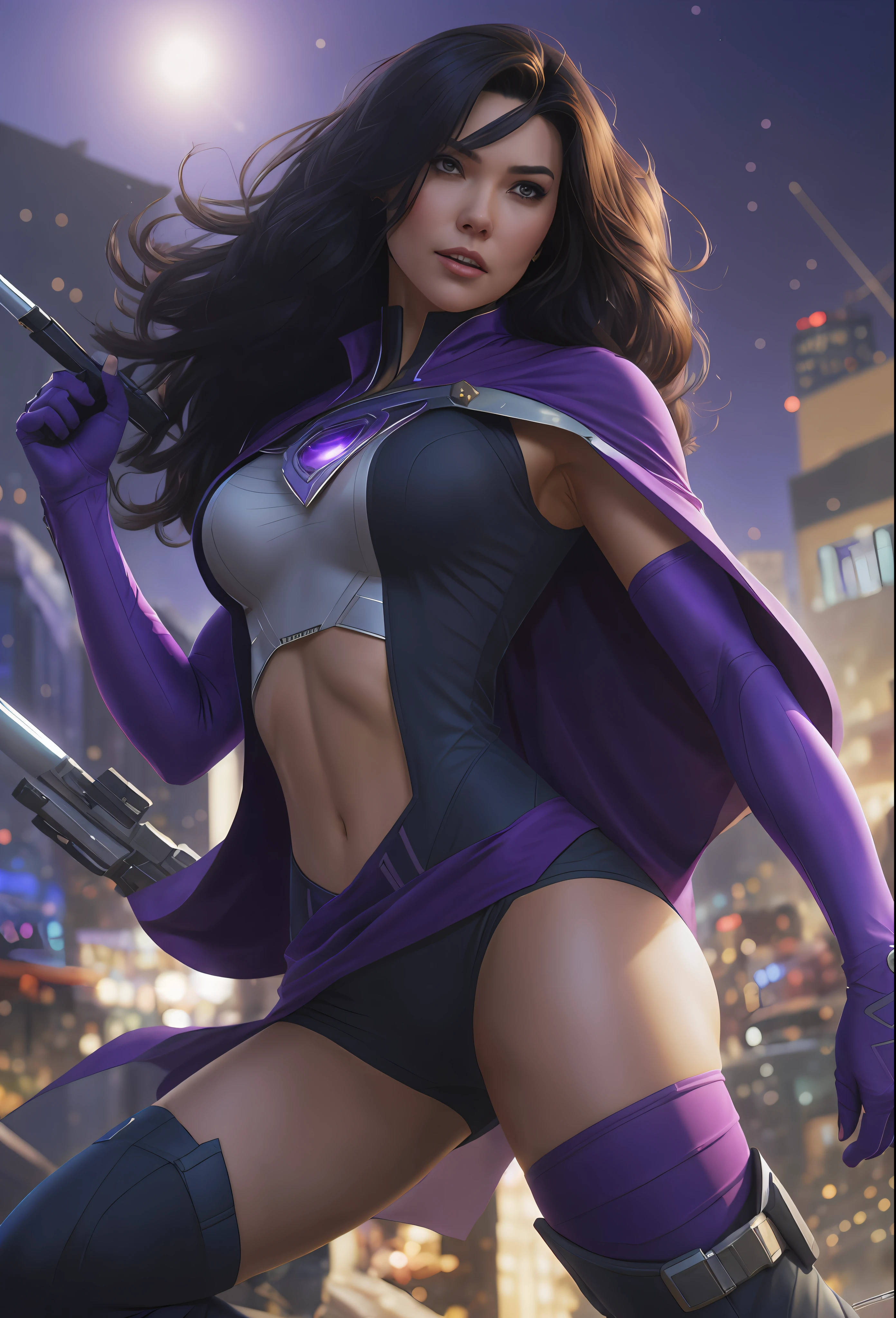 a woman in a purple outfit holding a gun and a purple cape, kate bishop, chris moore. artgerm, as seen on artgerm, extremely detailed artgerm, huntress, style artgerm, in the style artgerm, artgerm greg rutkowski _ greg, artgerm style, artgerm comic