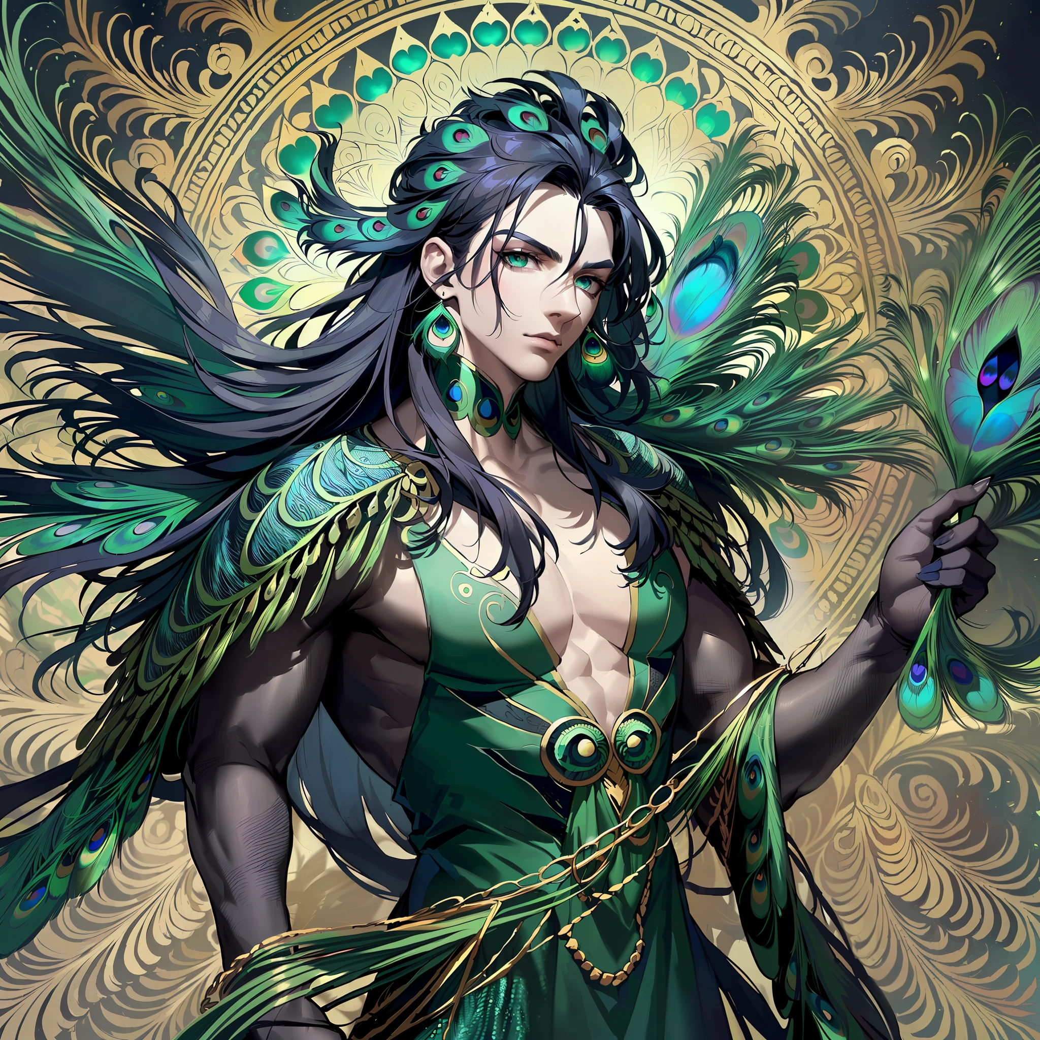 A man whose upper body is human and whose second half is a peacock. Long black hair, towering nose, green eyes, angular lips, peacock blue-green tail and claws. This peacock man is floating in the air, holding an opinion magic weapon in his hand, and the background is gray. --auto --s2