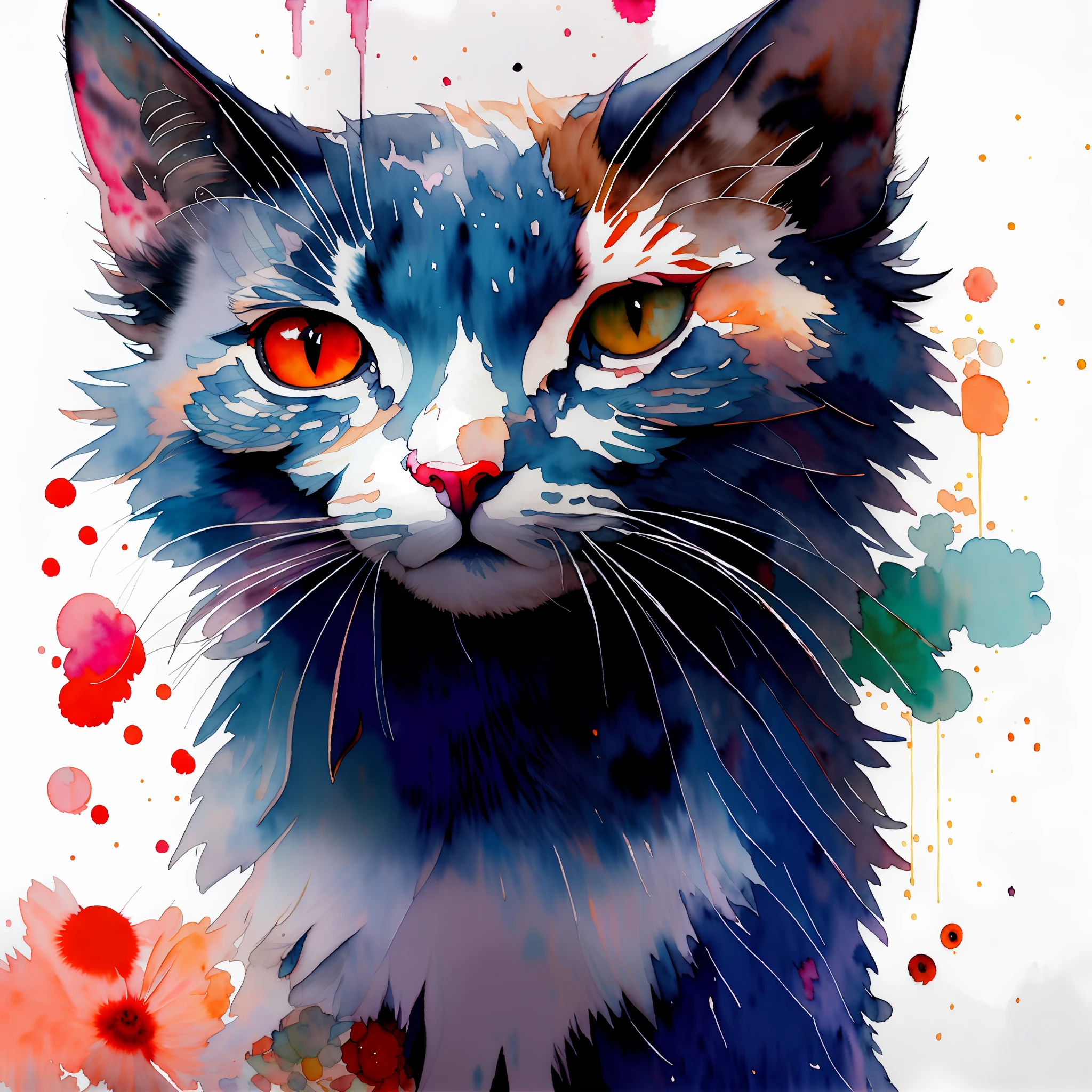 wtrcolor style, digital art (cat character), official art, façade, smile, masterpiece, beautiful, (((watercolor)), face painting, . Highly detailed and detailed eyes, [Drip: 0.5], artstation trends, by Rachel Walker