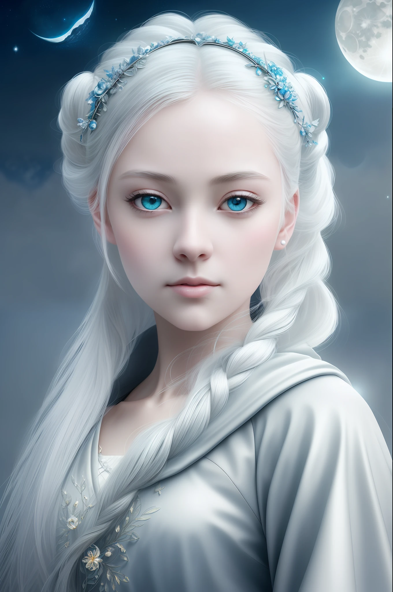 masterpiece, (best quality:1.2), (ultra-detailed:1.2), illustration, (an extremely delicate and beautiful:1.2),cinematic angle,floating, (beautiful detailed eyes:1.1), (detailed light:1.1),cinematic lighting, beautifully detailed sky, girl, white hair, blue eyes, (high ponytail:1.1), cloak, glowing eyes, (moon:1.2), (moonlight:1.1), starry sky, (lighting particle:1.1), fog, snow painting, sketch, bloom