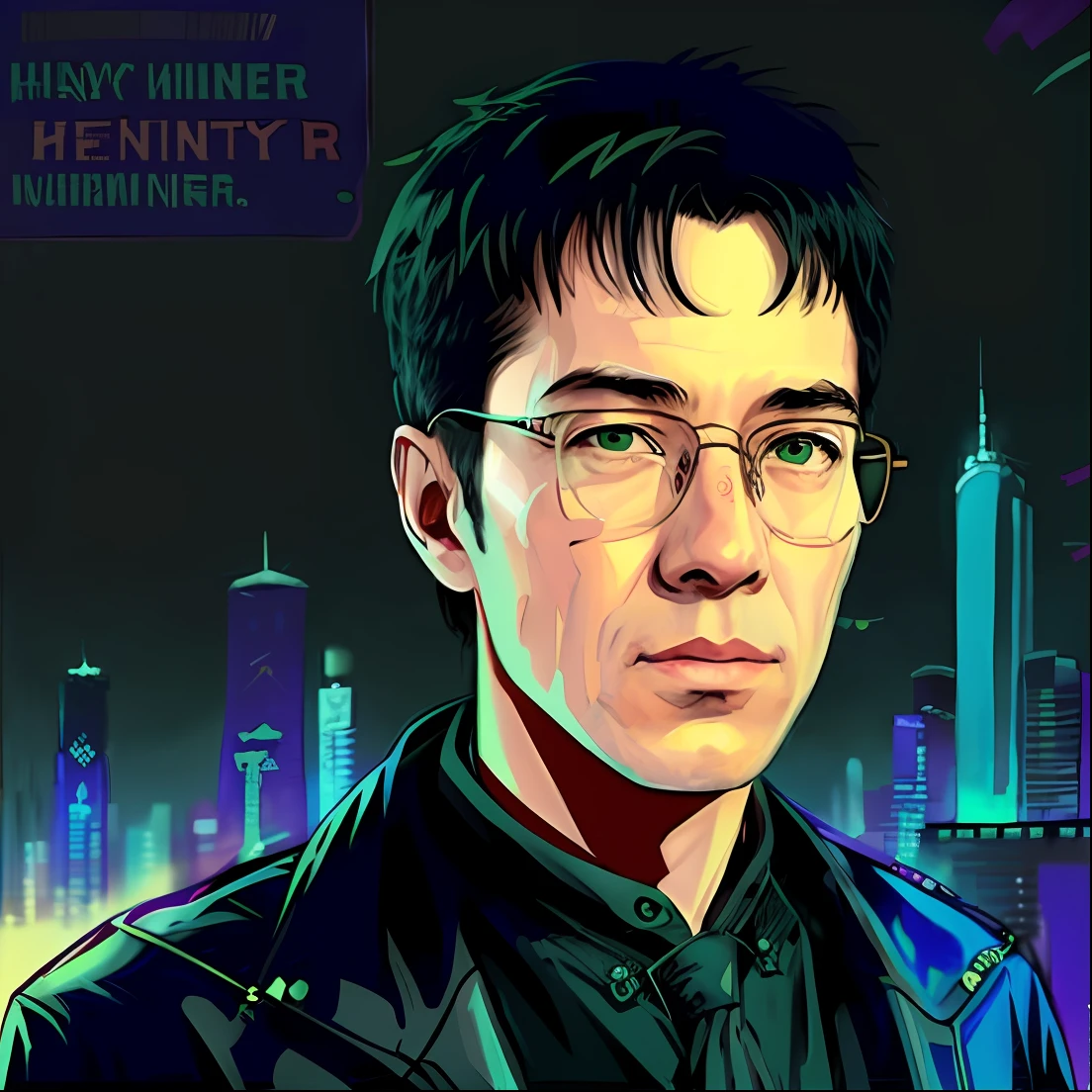 Henry Miller in glasses. Cyberpunk Sci-Fi Detailed