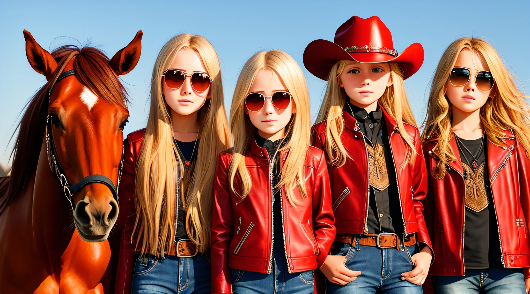 A half-body, portrait of 3 German child girls long blonde hair of 12 years, red leather jackets, sunglasses, a horse and exudes confidence, a cowboy hat pulled over his eyes. Wild West with a touch of modern style.