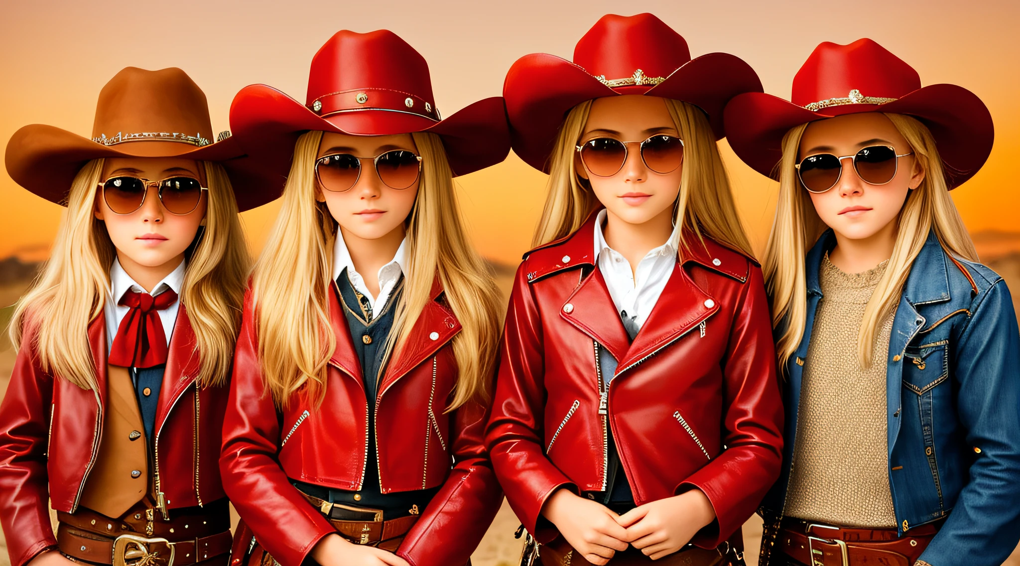 A half-body, portrait of 3 German  girls long blonde hair of 12 ye leather jackets, sunglasses, a horse and exudes confidence, a cowboy hat pulled over his eyes. Wild West with a touch of modern style.