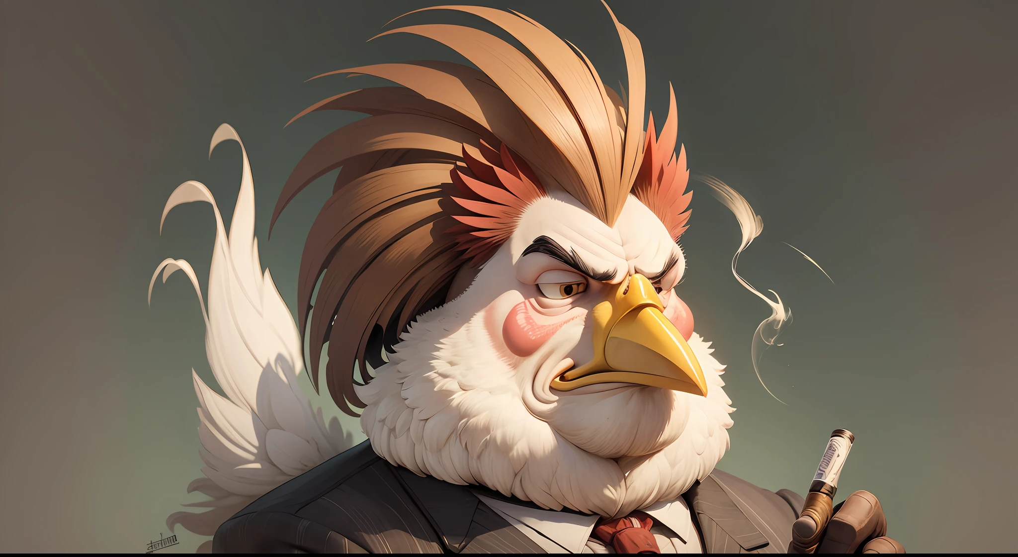 illustration of a caricature of a fat rooster big comb and wattles details, with a cigarette in his cracked beak, scars on his face, cracked beak, grumpy face, rich in details, 4k --auto --s2
