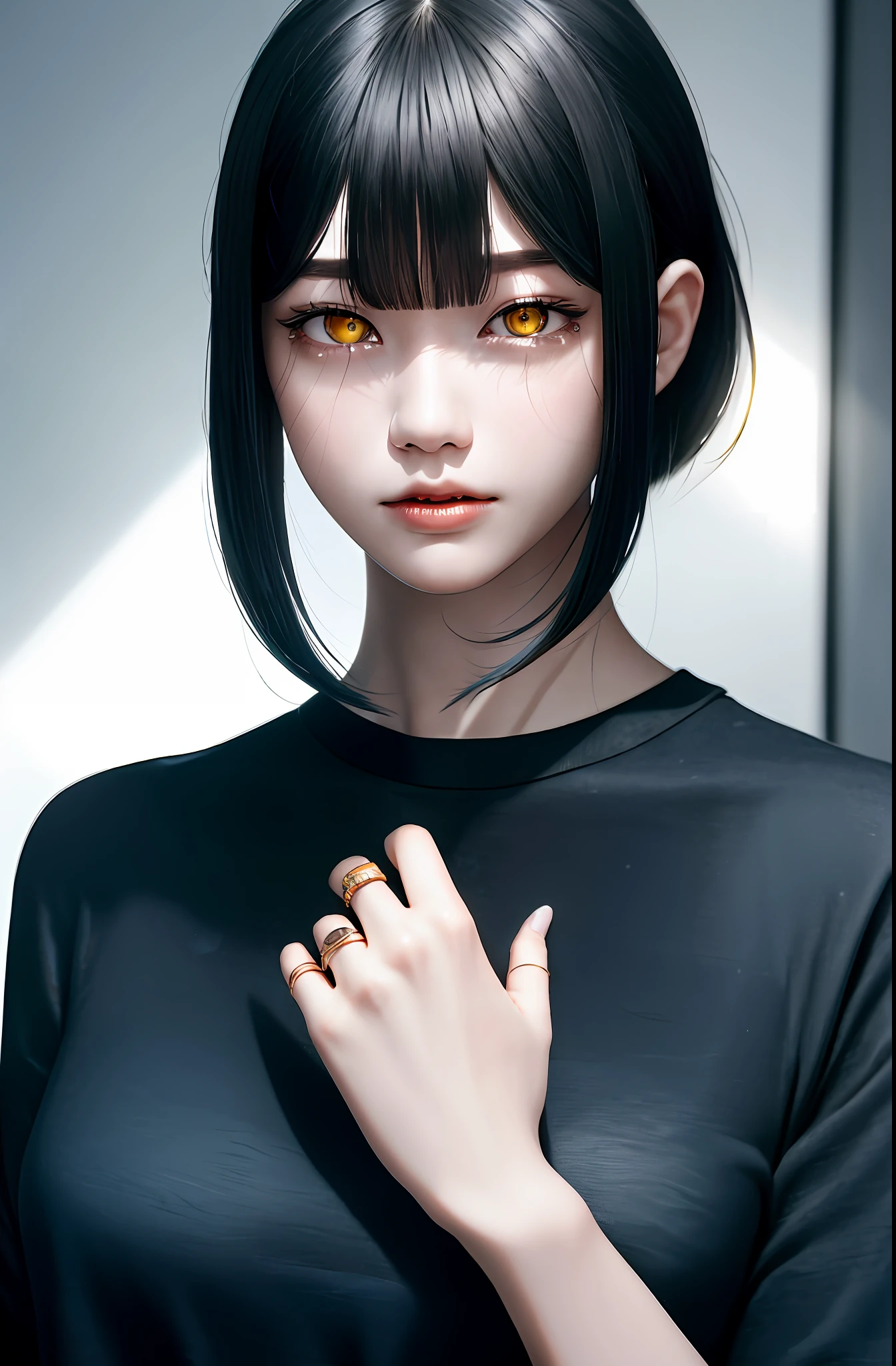 Masterpiece, (Photorealistic: 1.4), Top Quality, Beautiful Lighting, (ulzzang-6500:0.5), Makima \(Chainsaw Man\), (Bob Hair) + (Black Hair) + (Bangs), Yellow Eyes, Golden Eyes, Crying, ((Ring Eyes)), (Blue Shirt), RAW Photography, 8k UHD, Film Grain