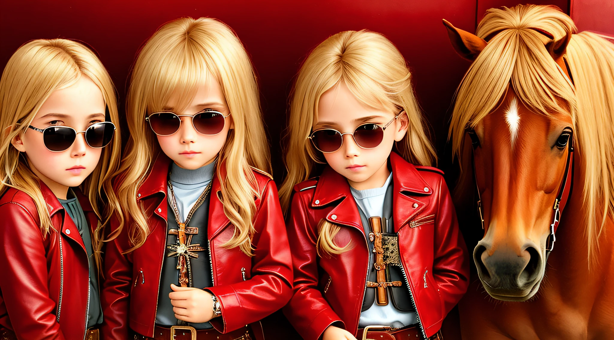 A half-body, portrait of 3 German child girls long blonde hair of 12 years, red leather jackets, sunglasses, a horse and exudes confidence, a cowboy hat pulled over his eyes. Wild West with a touch of modern style.