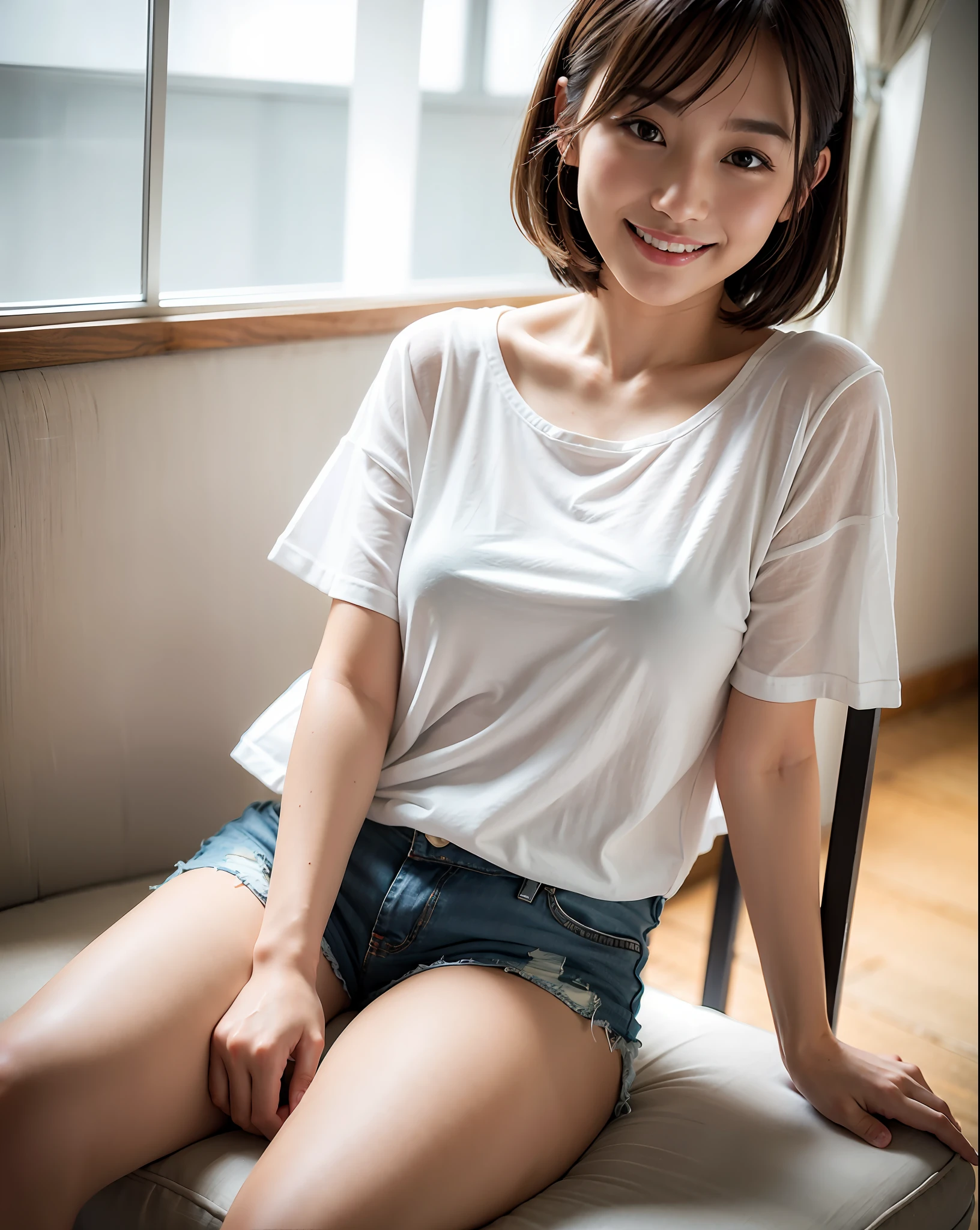 best quality, face focus, soft light, (depth of field) ,ultra high res, (photorealistic:1.4), RAW photo, (moody lighting, night:1.2), bedroom,
(upper thigh:1.4)
1japanese girl, solo, cute, kawaii, (shy, smile:1.1), (brown eyes), natural face, (short hair),
(sit on gray linen chair)
BREAK
(white naked oversize t-shirt:1.2)
