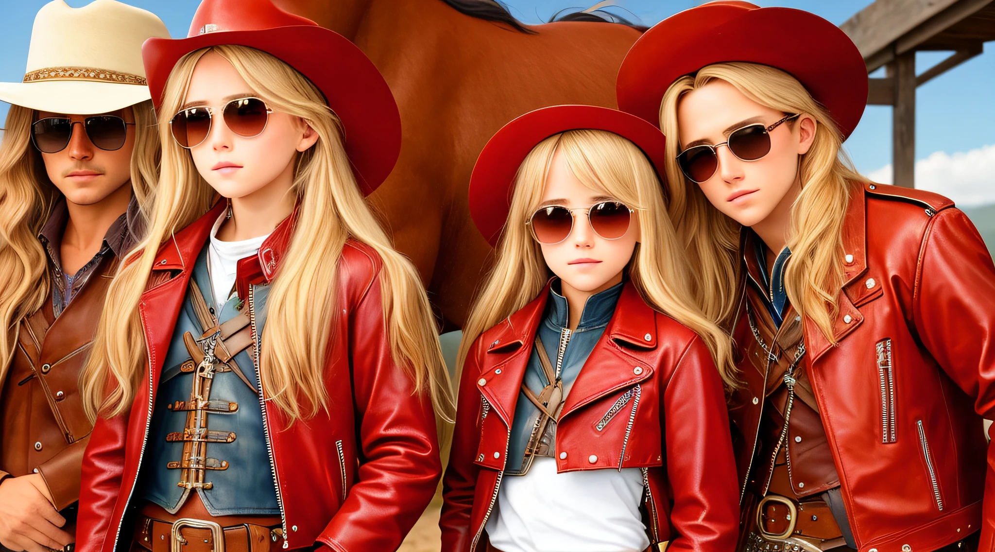 A half-body, portrait of 3 German  girls long blonde hair of 12 ye leather jackets, sunglasses, a horse and exudes confidence, a cowboy hat pulled over his eyes. Wild West with a touch of modern style.