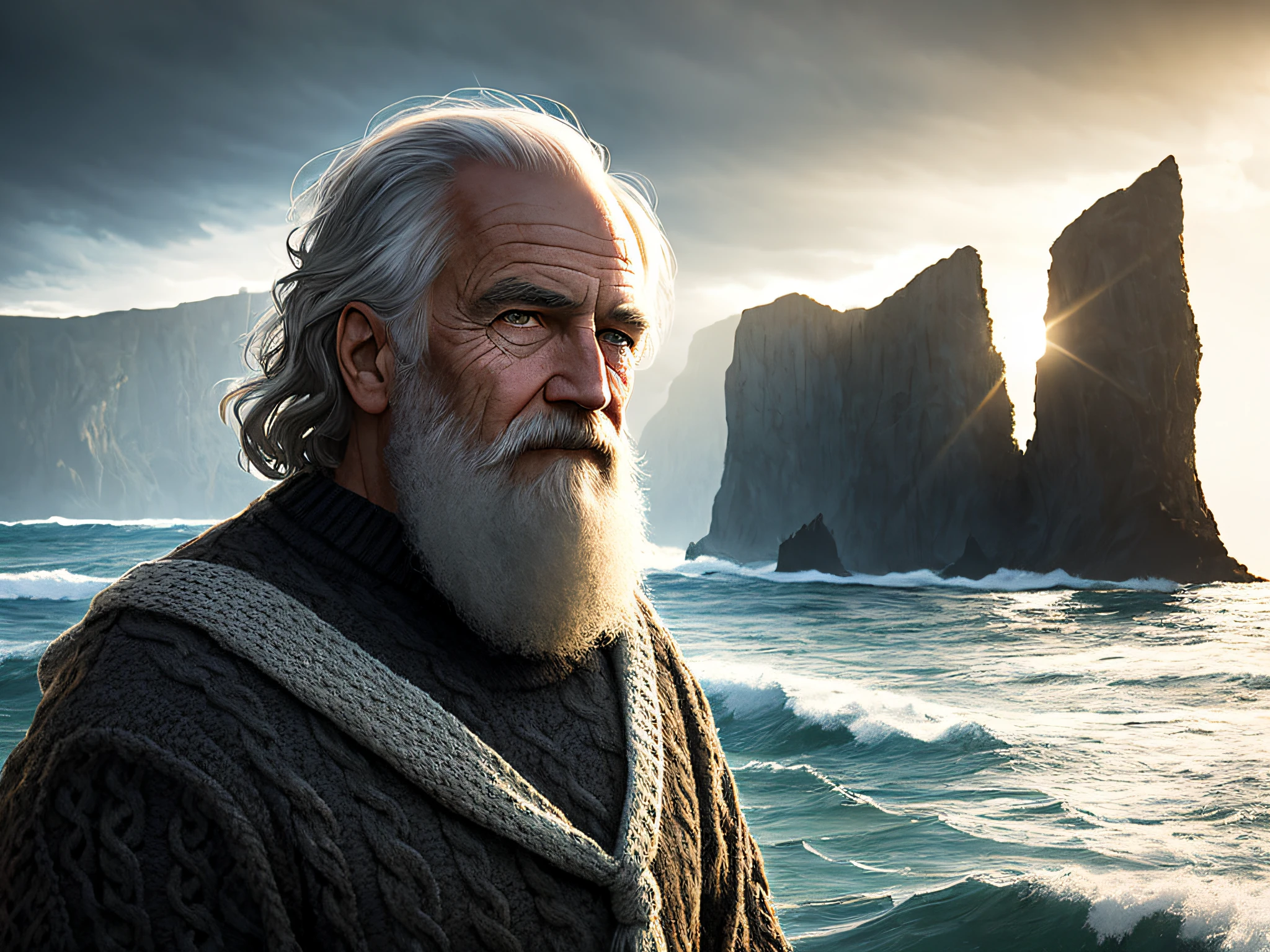 award winning portrait photo of an older male medieval grizzled sailor in a knitted sweater with wrinkles on face, ocean, waves, mountain cliffside with breaking waves, stormy, sinister, evil, (backlighting:1.3), digital painting, concept art, smooth, sharp focus, rule of thirds, dark fantasy,intricate details, medium shot