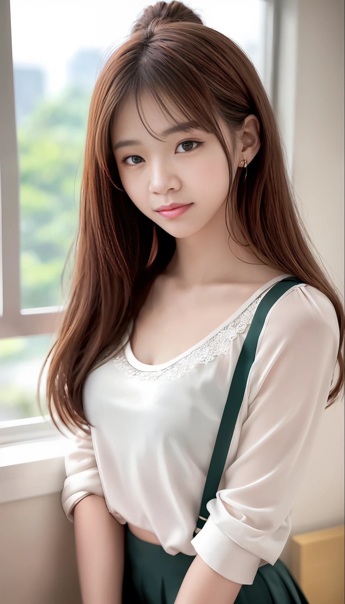 Smiling minchen, mouth closed, balanced eyes, (Best Quality Detail: 1.2), Realistic, 8K HD, Ultra-detailed, High Quality Texture, Intricate Detail, Detailed Texture, Fine Detail, High Detail, Very Detailed CG, Delicate Beautiful Delicate Face, (Delicate Beautiful Delicate Eyes: 1.32), Very Bright Lighting, Ray Tracing, (A Beautiful 25-Year-Old Cute Japanese Lady: 1), Proud, Tall Feminine, Beautiful Legs, Glowing Eyes, Blush, Very White Skin, Perfect Body Petite, Silver Tight Bra, [Brown Skirt]: 1, Stockings and suspenders: 1.2, long hair, short pink skirt, comfortable living room, sun, hands open, earrings, necklace, model, looking at the audience, standing pose, from the side, dynamic pose, front