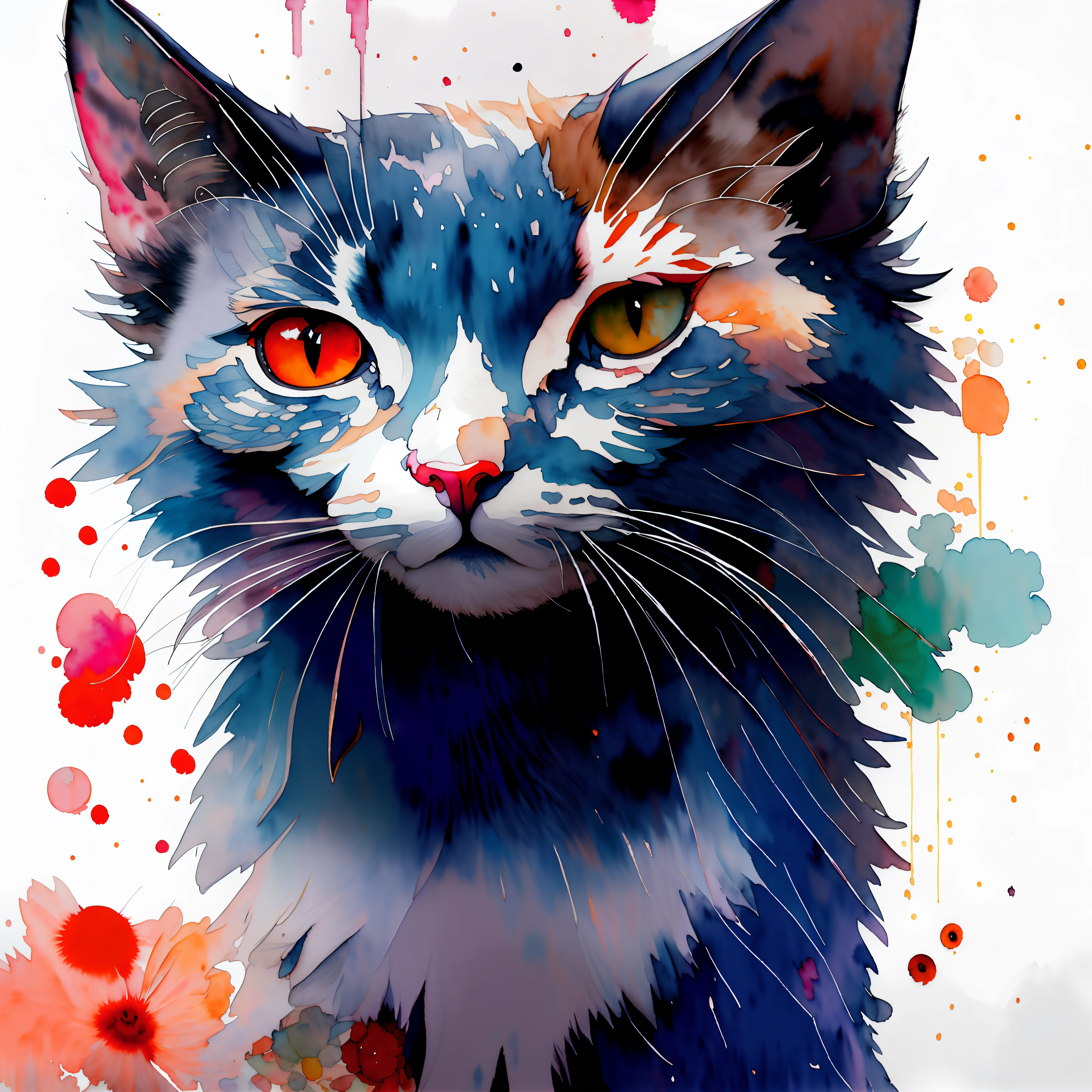 wtrcolor style, digital art (cat character), official art, façade, smile, masterpiece, beautiful, (((watercolor)), face painting, . Highly detailed and detailed eyes, [Drip: 0.5], artstation trends, by Rachel Walker