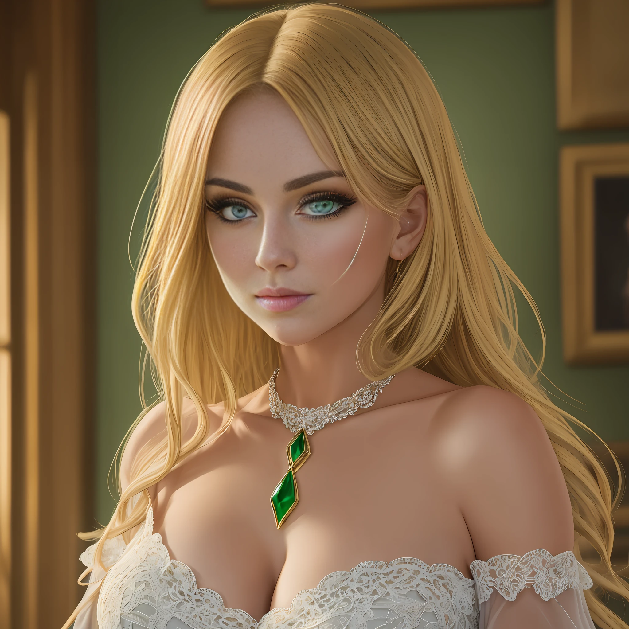(Best quality), (hyper-detailed), A portrait of a very beautiful woman, perfect green eyes, looking at the viewer, blonde hair, short shoulders, very large breasts, blouse with large neckline. 8k image, hdr, realistic --auto --s2