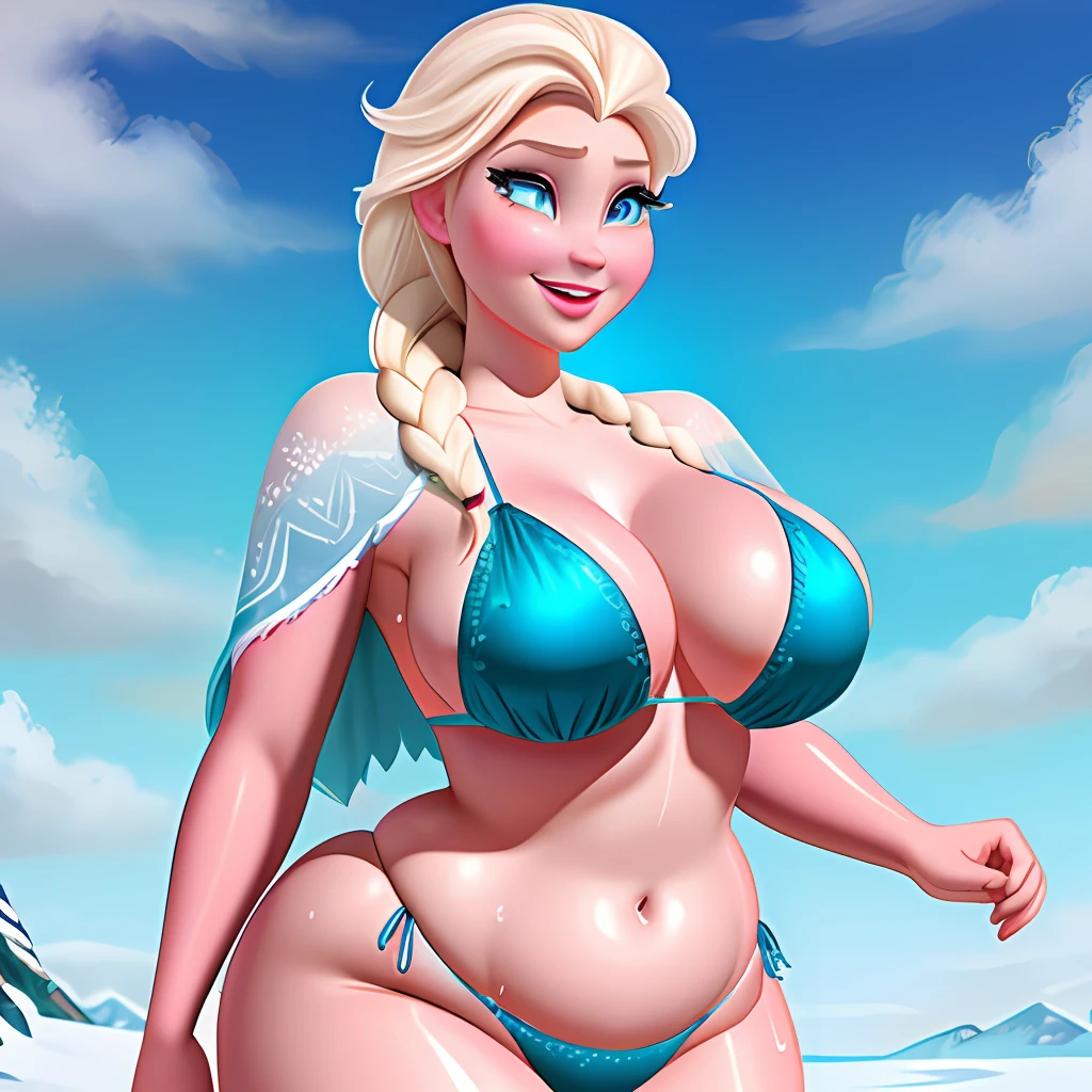 Elsa from frozen but with a bbw body type, wearing a bikini, sweating, and her are perky.