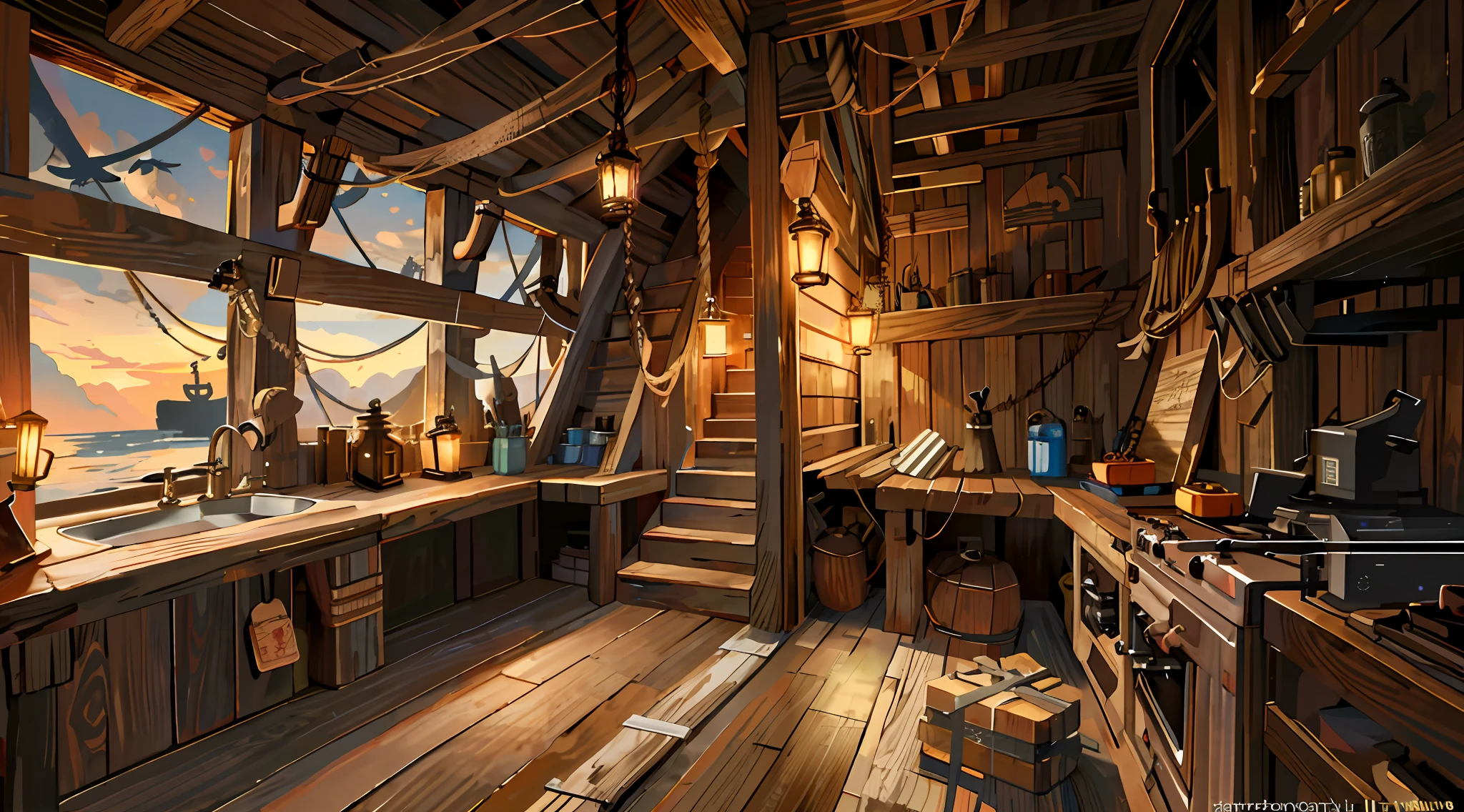 Pirate Ship interior, Weathered and rugged, High quality, wooden planks and beams adorned with nautical details, Dimly lit, with flickering lanterns and scattered rays of sunlight breaking through portholes, crowded with ropes, barrels, and crates scattered around, Nautical maps, compasses, visual novel background, anime concept art, masterpiece, computer wallpaper, 8k, detailed