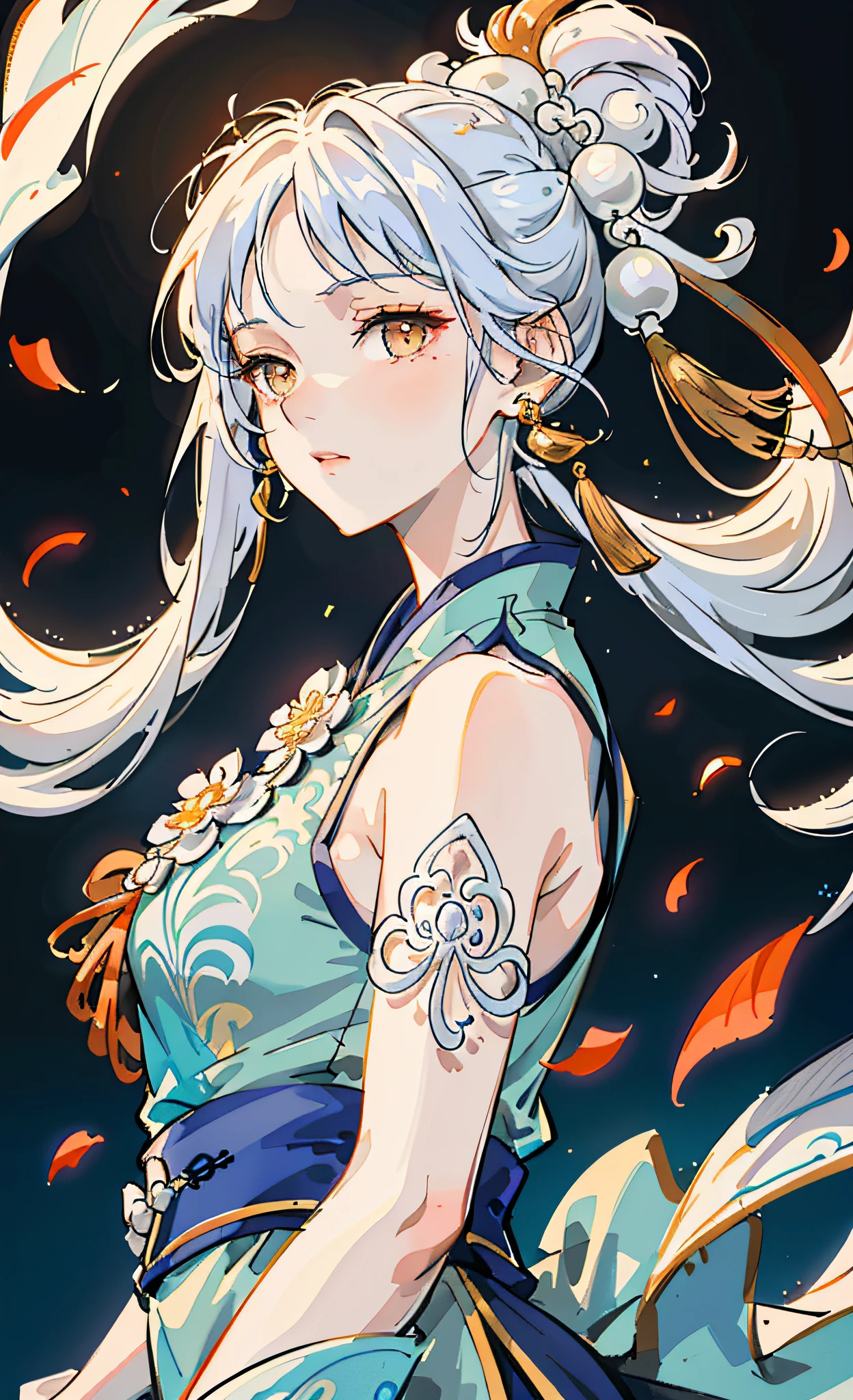 Mature girl, orange eyes, blue-white hair color, floating hair, delicate and flexible eyes, intricate damask hanfu, gorgeous accessories, wearing pearl earrings, FOV, f/1.8, masterpiece, ancient Chinese architecture, blue sky, flower petals flying, front portrait shot, Chang'e, side light, sunlight on people, 8K
