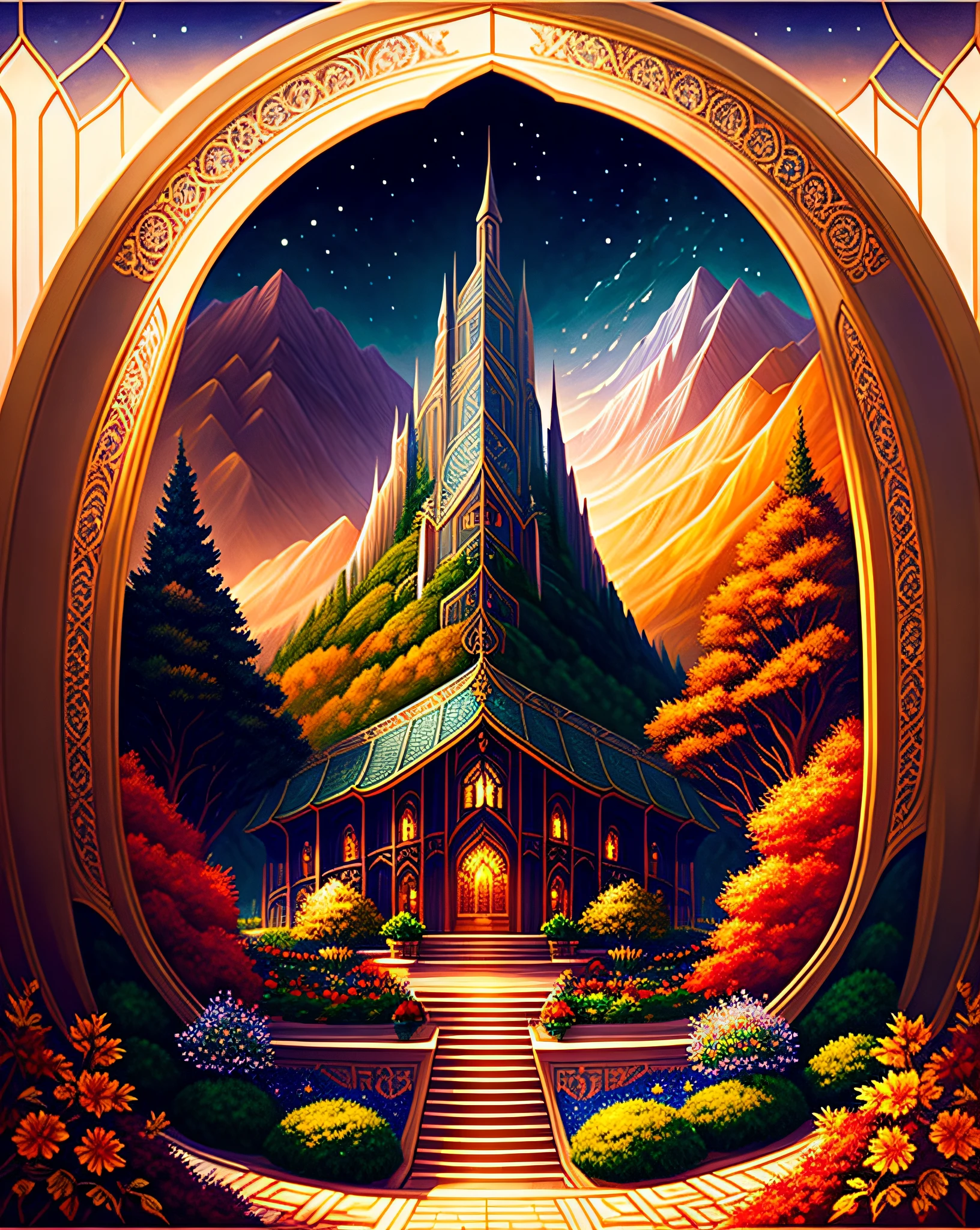 The beautiful land OF RIVENDELL, LORD OF THE RINGS, RIVENDELL, intricate, masterpiece, expert, insanely detailed, 4k, composition, framing, centered, symmetry, painted, intricate, volumetric lighting, beautiful, rich masterpiece of deep colors, sharp focus, ultra detailed, in the style of dan mumford and marc simonetti, astrophotography