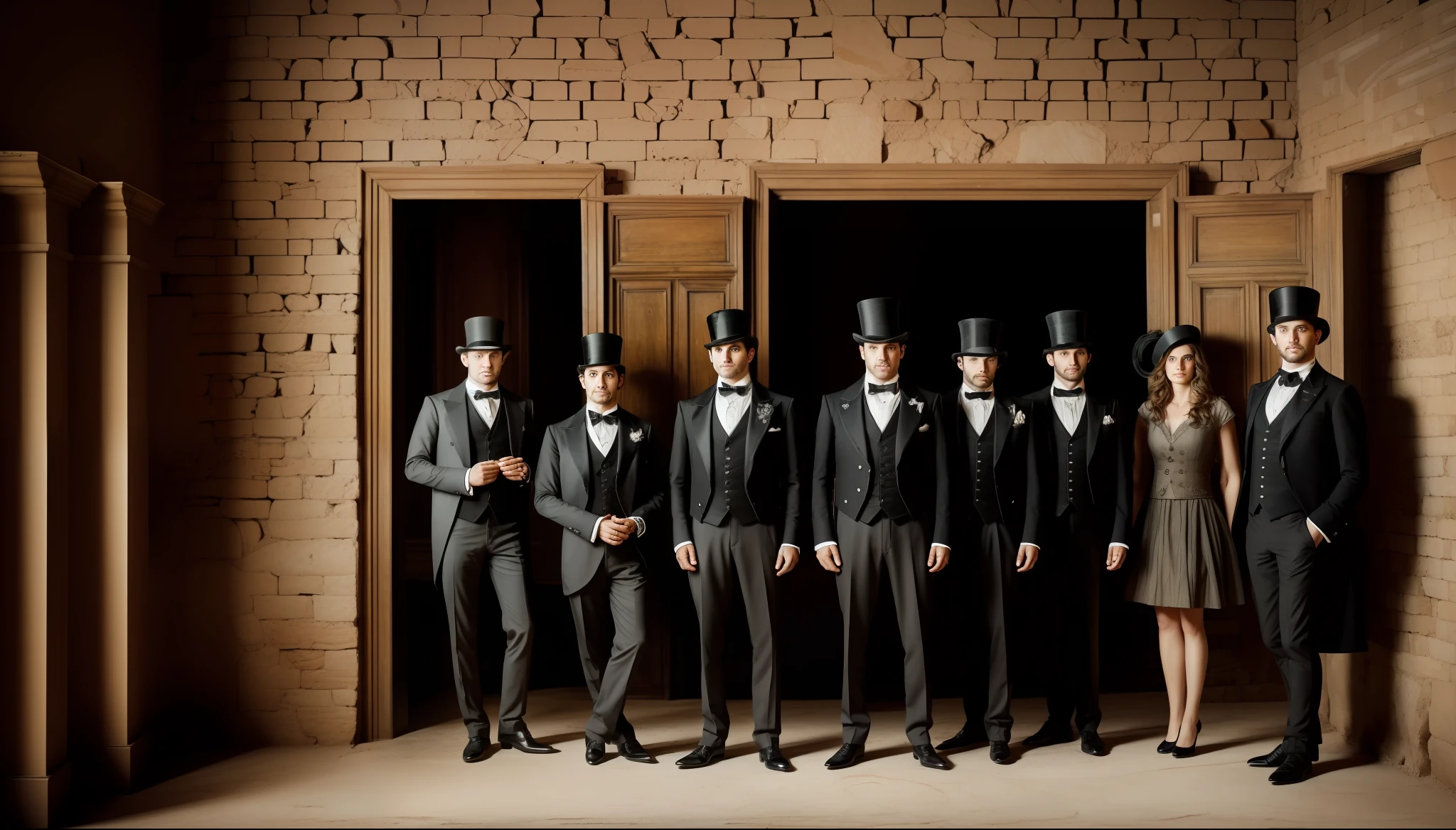 A closeup of a group of people standing in a room, all elegant wearing top hat and monocle, ancient ruins, entrance to an ancient dungeon, detailed textures and lighting
