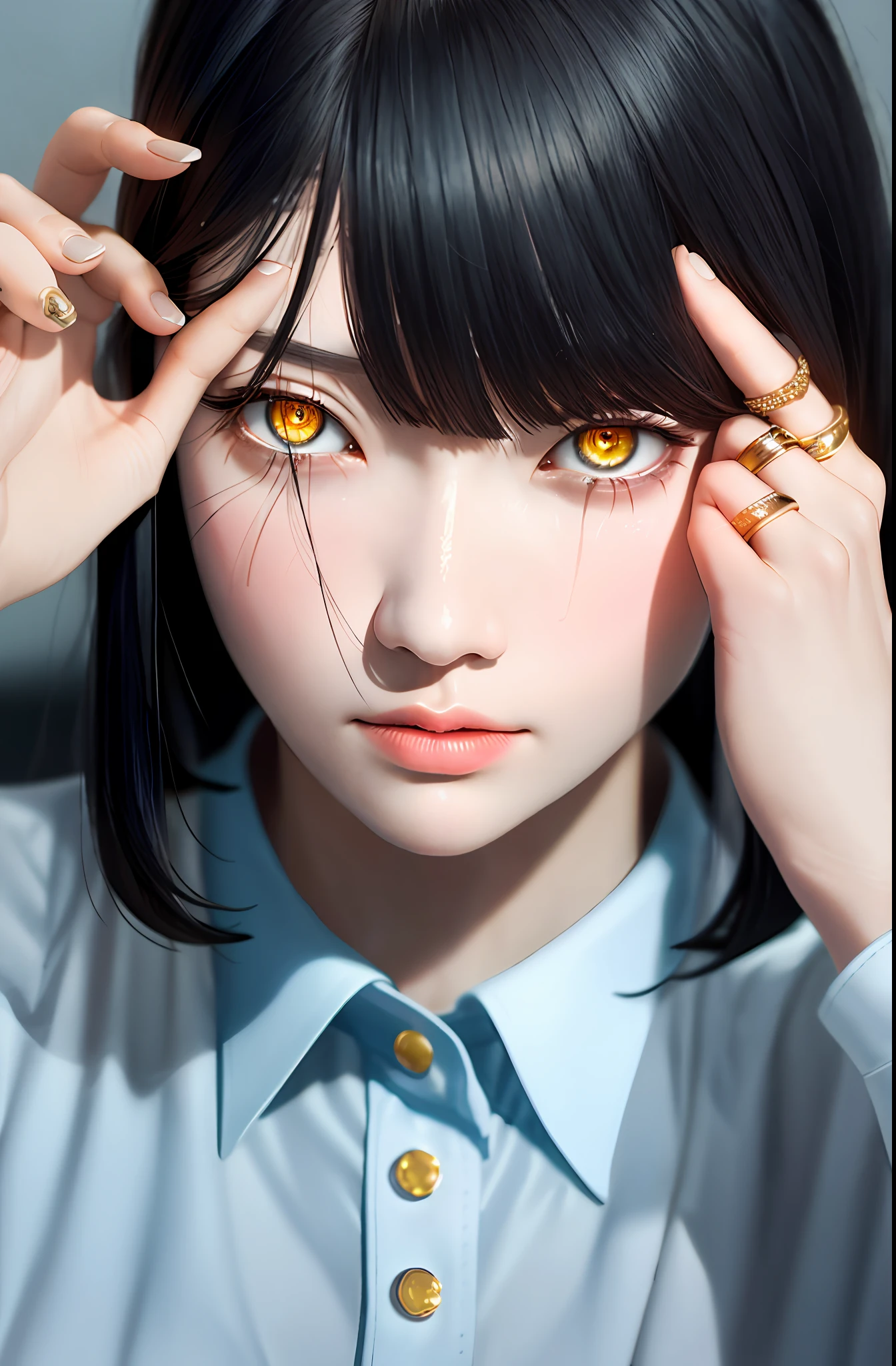 Masterpiece, (Photorealistic: 1.4), Top Quality, Beautiful Lighting, (ulzzang-6500:0.5), Makima \(Chainsaw Man\), (Bob Hair) + (Black Hair) + (Bangs), Yellow Eyes, Golden Eyes, Crying, ((Ring Eyes)), (Blue Shirt), RAW Photography, 8k UHD, Film Grain