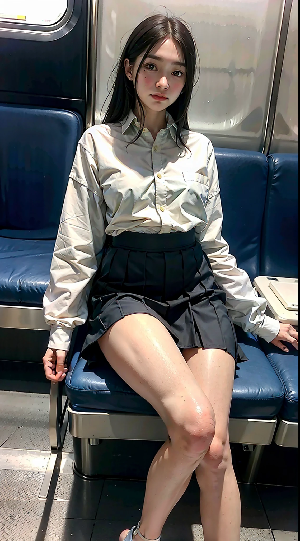 "(Masterpiece, High Definition, Ultra High Definition, 4K) Black hair, Japan girl, uniform skirt, emphasizing thighs, white thighs, soft thighs, glossy thighs, sitting on the train, face-to-face angle, (angle from below),sitting in the train seat,Sitting in front,Zoom camera in the crotch,Feet on the train floor,Full body,Looking down and sleepy,Looking at the viewer only", best quality, ultra high definition, (photorealistic:1.4),, high resolution, detail, raw photo, sharp re, Nikon D850 film stock photo by Lee Jefferies 4 kodak portra 400 camera f1.6 lens rich colors hyper realistic lively textures dramatic lighting unreal engine artstation trends cinestir 800,
