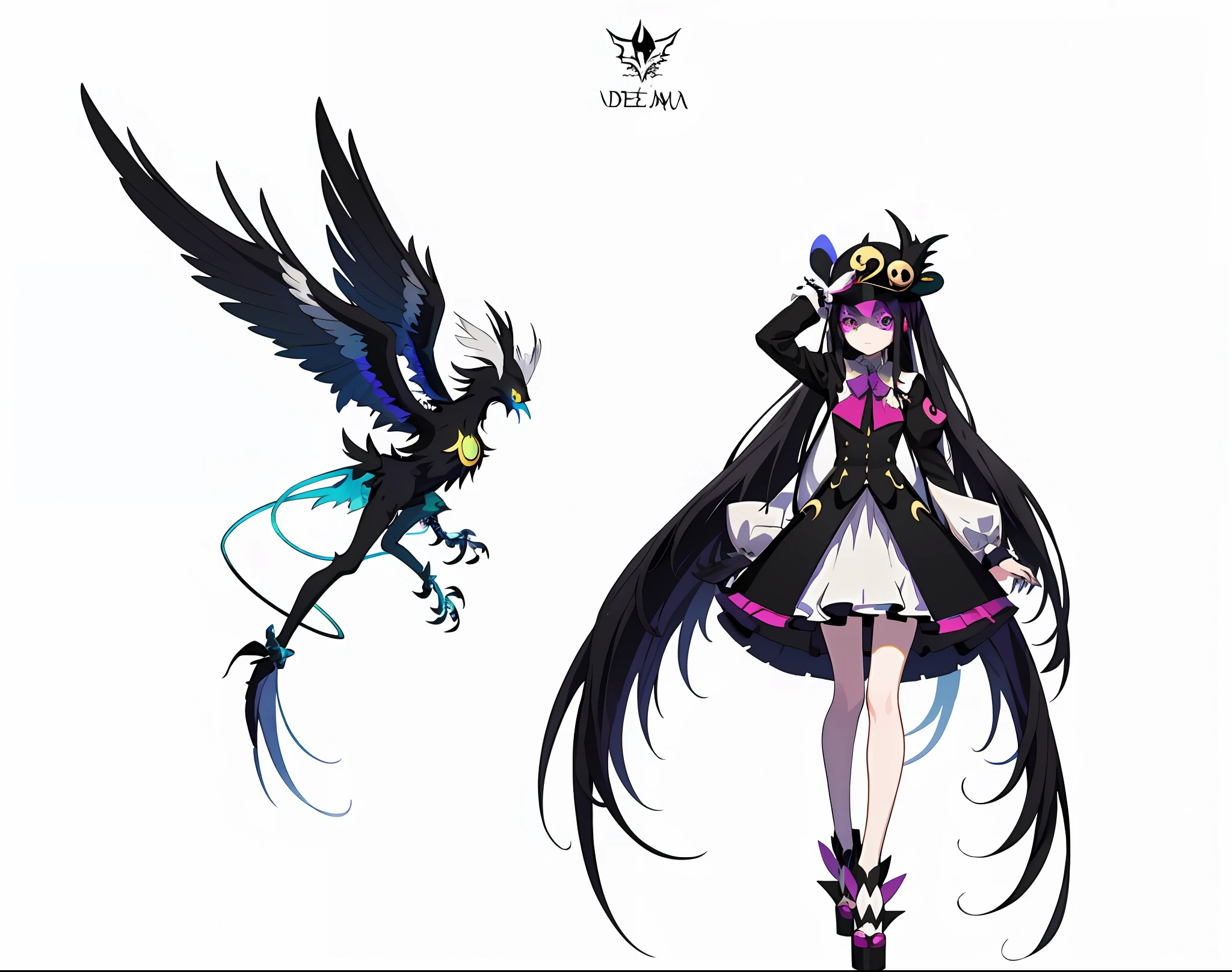 anime girl with a bird on her head and a hat on, dapper dream demon, weirdcore voidpunk fursona, flying anime esper, avian!!! fursona, in style of cytus and deemo, full res, asriel dreemurr, varguyart style, glamorous angewoman digimon, harpy, long haired humanoid fursona