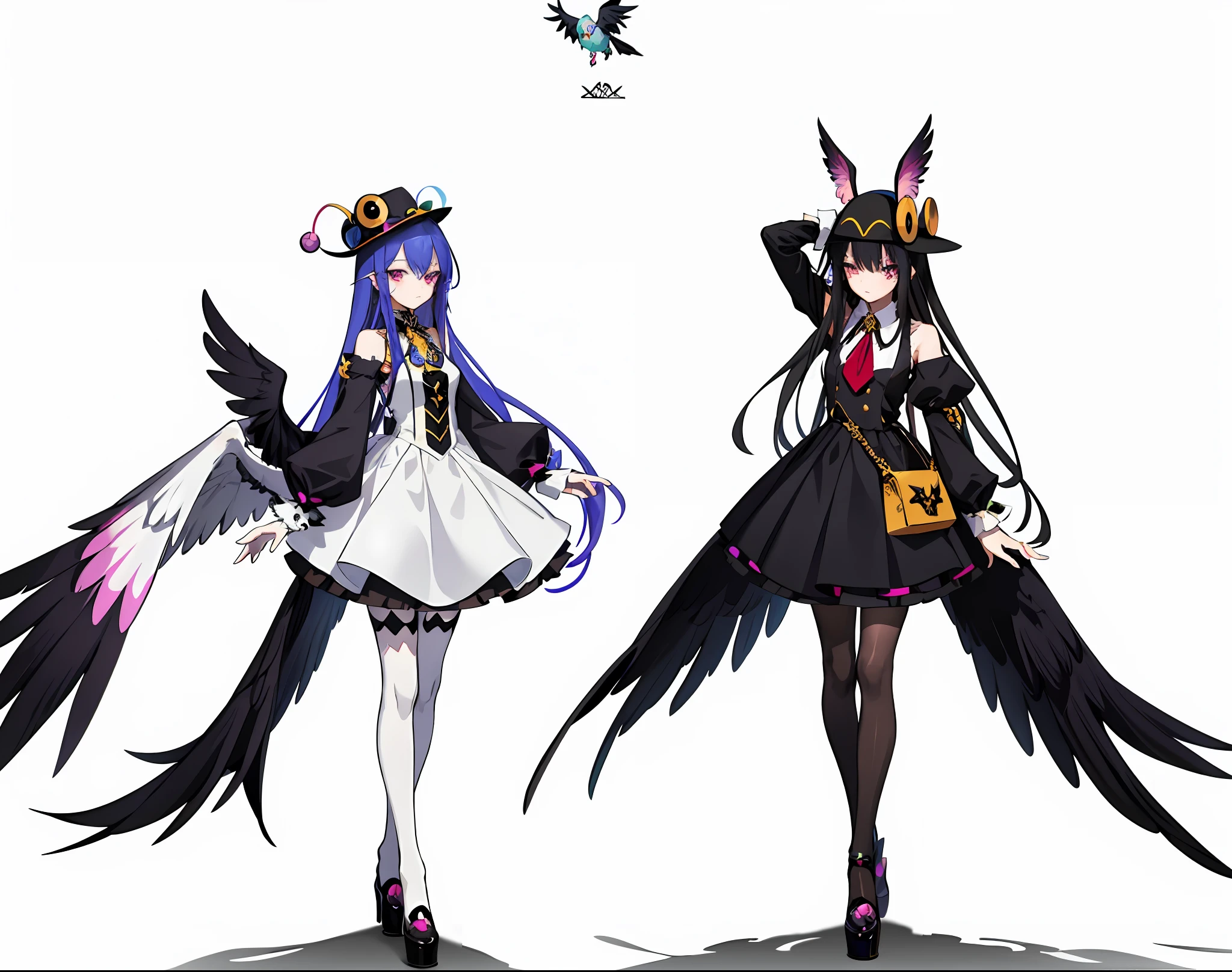 anime girl with a bird on her head and a hat on, dapper dream demon, weirdcore voidpunk fursona, flying anime esper, avian!!! fursona, in style of cytus and deemo, full res, asriel dreemurr, varguyart style, glamorous angewoman digimon, harpy, long haired humanoid fursona