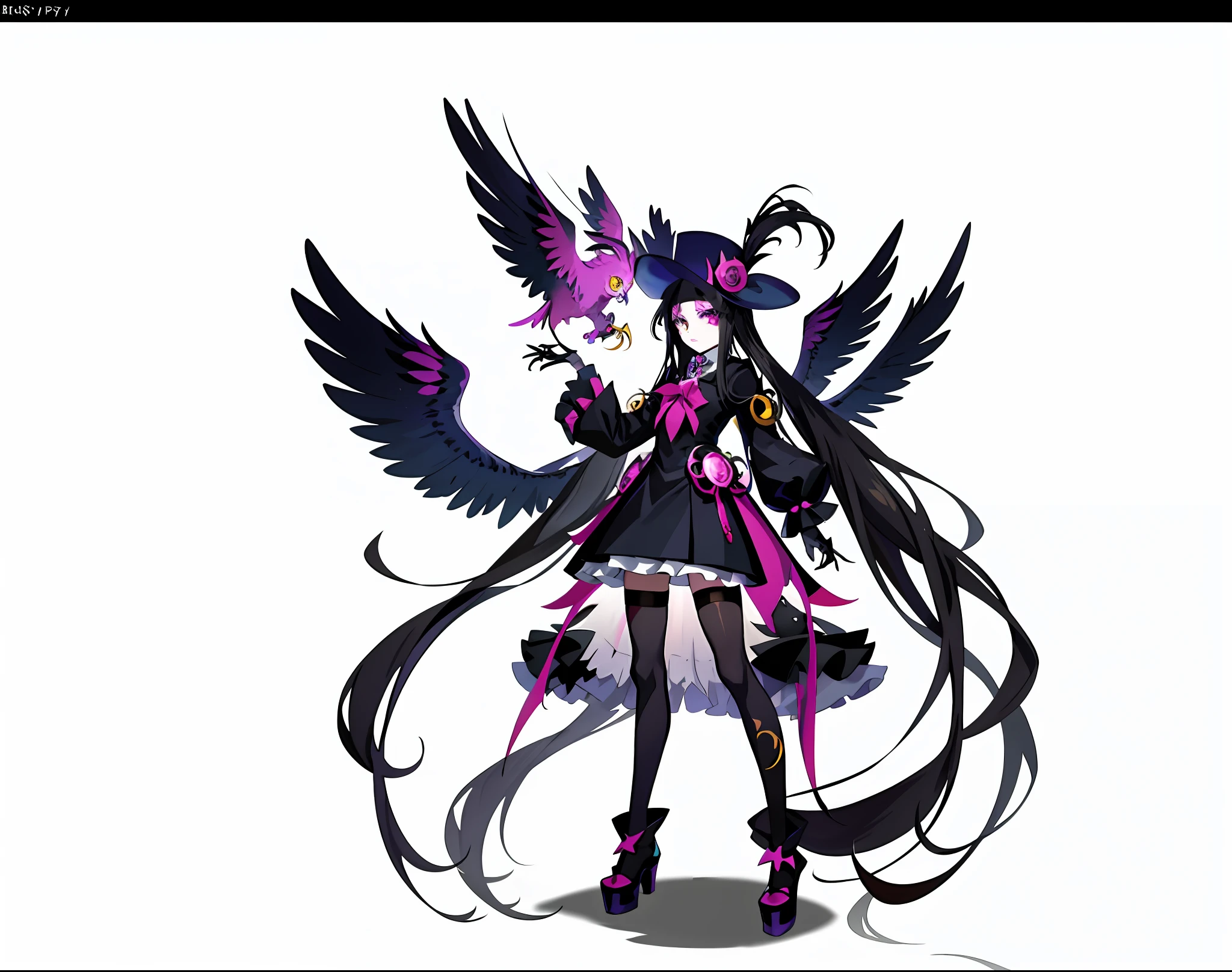 anime girl with a bird on her head and a hat on, dapper dream demon, weirdcore voidpunk fursona, flying anime esper, avian!!! fursona, in style of cytus and deemo, full res, asriel dreemurr, varguyart style, glamorous angewoman digimon, harpy, long haired humanoid fursona