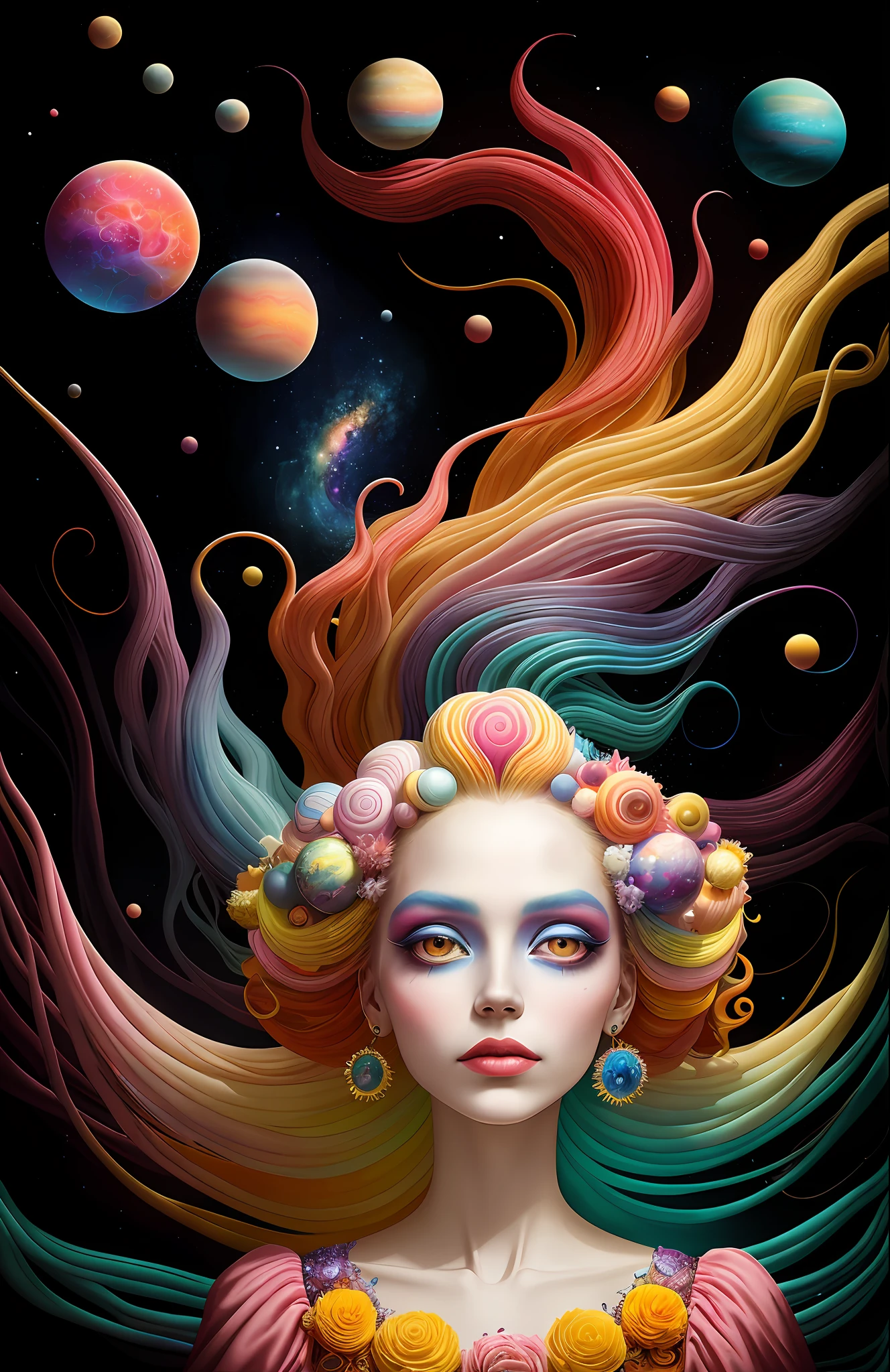 colorpop style, photo photo portrait of the sun surrounded by orbiting planetary moons, blonde pointy hair, natalie shau, mark ryden, alberto seveso, brooke shaden, anna dittmann, flora borsi, 8k resolution, perfect composition, milky way, rainbow color, flying insects, scales, wings, blue, texture, complex, gorgeous, shadow, pastel colors, 3d, Highly detailed, decorated in style, Tim Burton, Dale Chihuly, Xiaolongcheng, Cyril Rolando, by J. Gigue