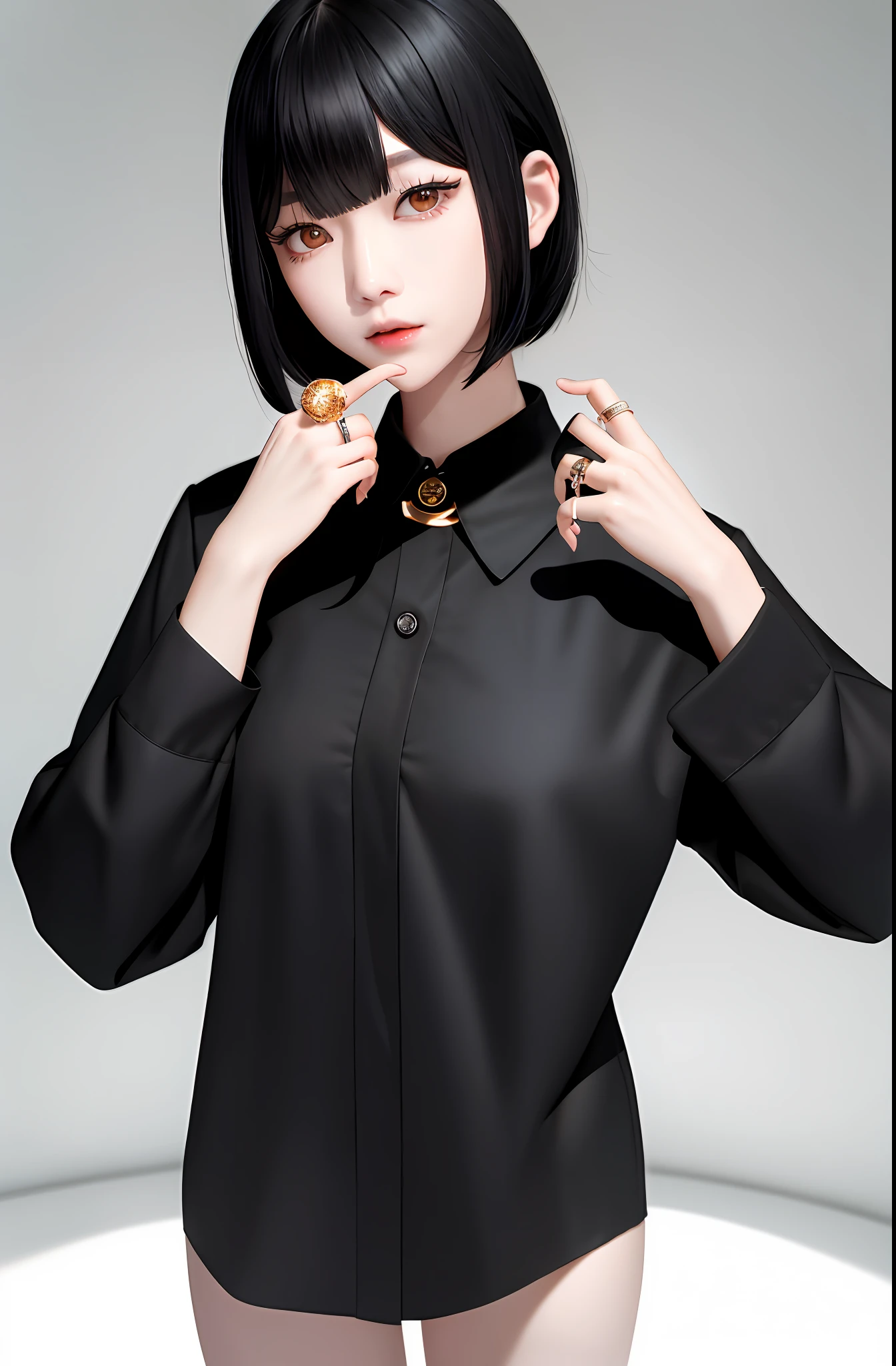 Masterpiece, (Photorealistic: 1.4), Top Quality, Beautiful Lighting, (ulzzang-6500:0.5), Makima \(Chainsaw Man\), (Bob Hair) + (Black Hair) + (Bangs), Black Eyes, Golden Eyes, Korean Uniform, (((Ring-shaped Eyes)), (Black Shirt), RAW Photography, 8k UHD, Film Grain