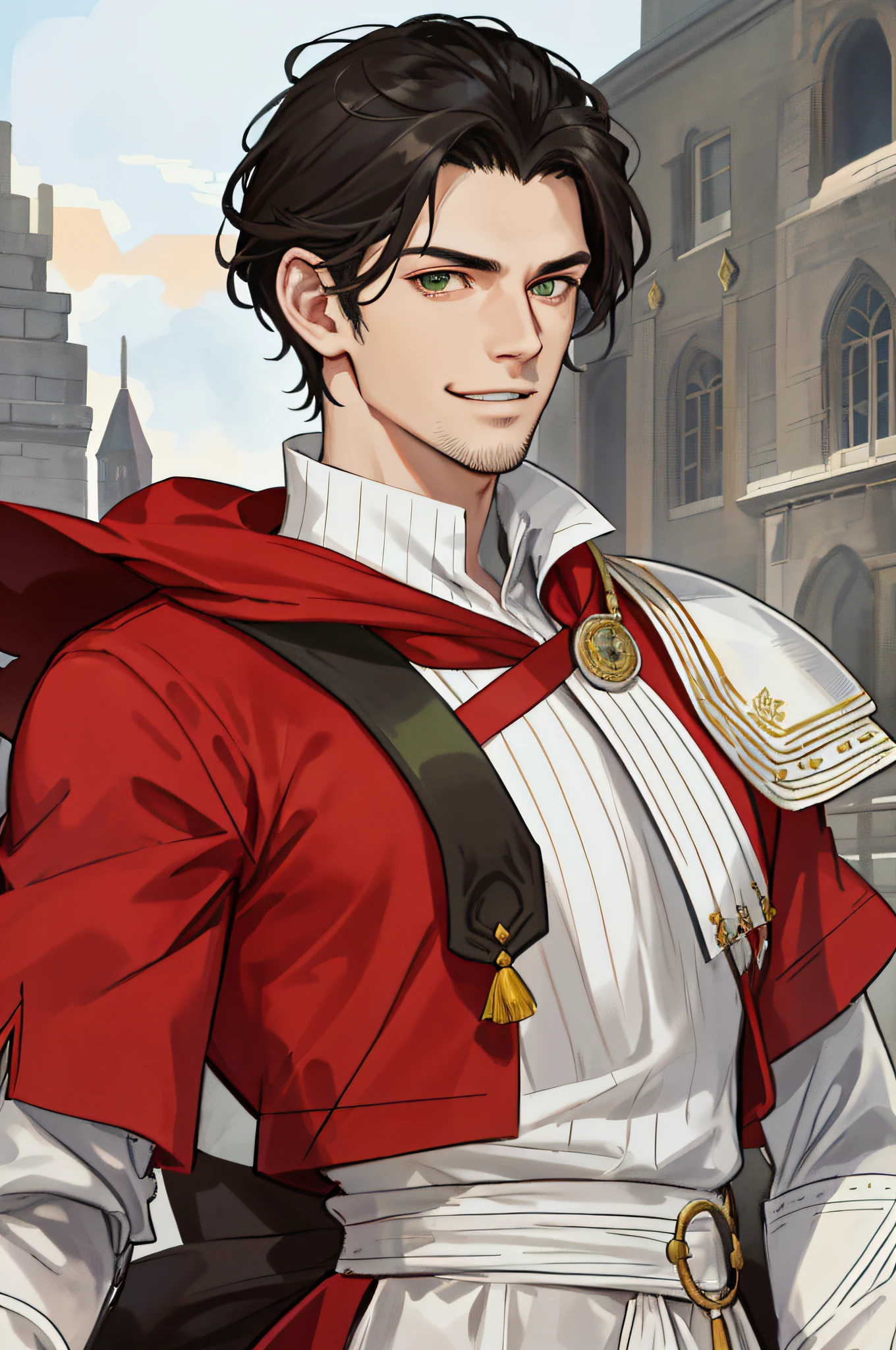 masterpiece, best quality, realistic, 1 man, mature man, tall muscular, handsome, cunning smile, closed mouth, portrait, extremely detailed face, masterpiece, finely detailed eyes and detailed face, thin man, handsome man (1 boy), shoulder-length black hair, medium length hair, elongated square, light stubble, small beard, facial hair, green eyes, red vest, white shirt, fire mage, Sorcerer, Powerful Mage, Detailed, Detailed, Particles, Portrait, Aristocrat, Royal Family, Royal Power