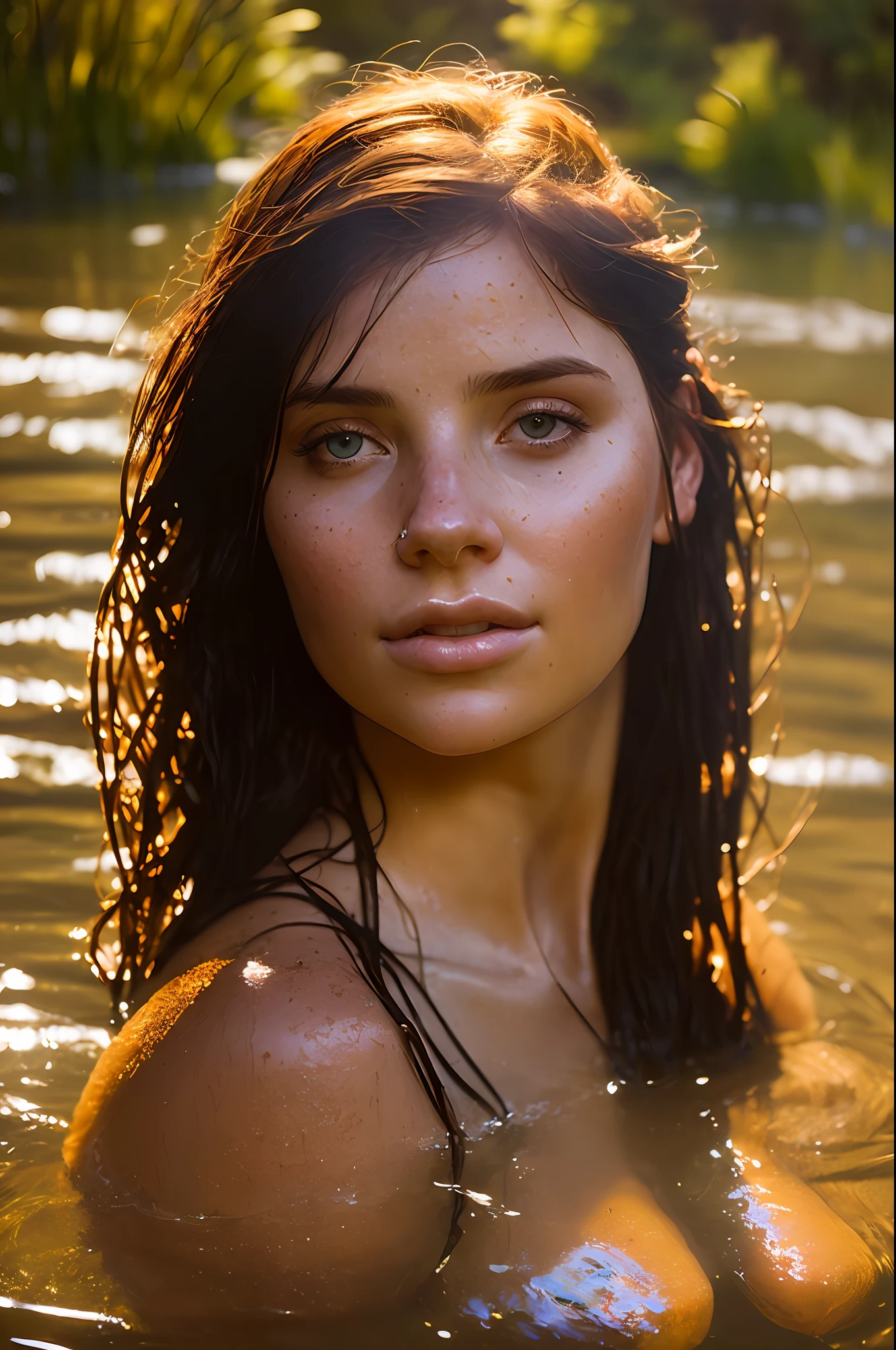 close up portrait of a cute woman (gldot) bathing in a river, reeds, (backlighting), realistic, masterpiece, highest quality, lens flare, shade, bloom, [[chromatic aberration]], by Jeremy Lipking, by Antonio J. Manzanedo, digital painting,