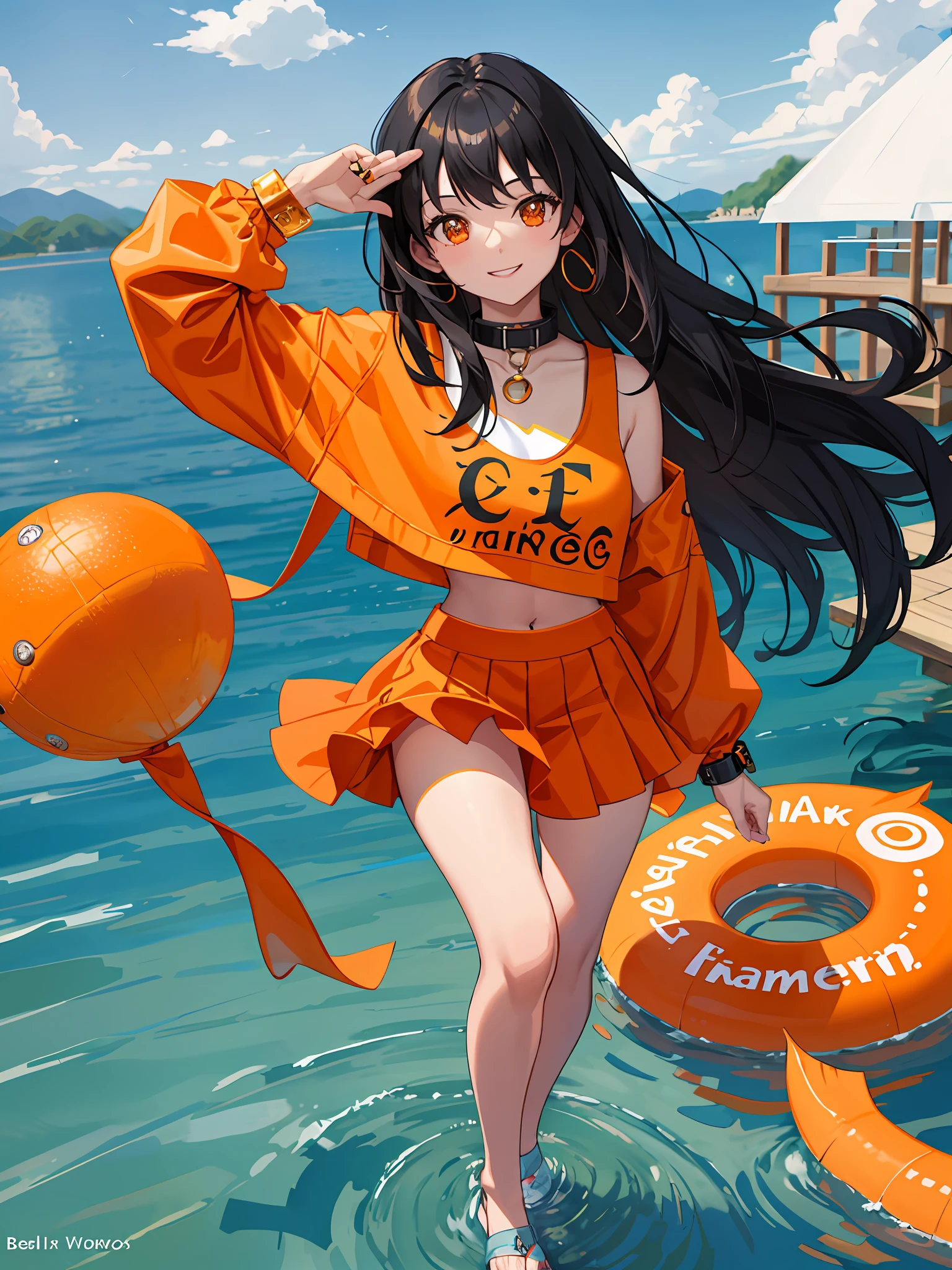 black hair, 1girl, crop top , orange eye, masterpiece, front shot, from bellow, smiling,cute collar,orange bracelet,full body,lake background,park