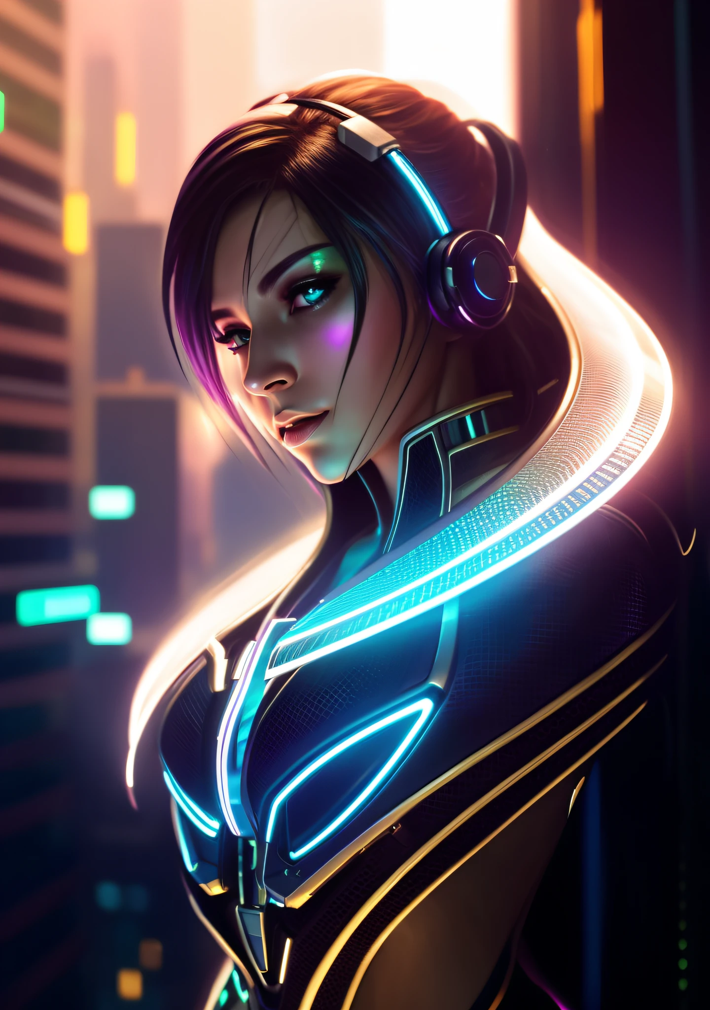 a woman in a futuristic suit with headphones on, bright cyberpunk glow, glowwave girl portrait, digital cyberpunk anime art, cyberpunk beautiful girl, dreamy cyberpunk girl, cyberpunk art style, digital artwork 4 k, trending on artstation 4k, connected with glowing tubes 8 k, cyberpunk 2 0 y. o model girl, cyberpunk themed art, inspired by Marek Okon