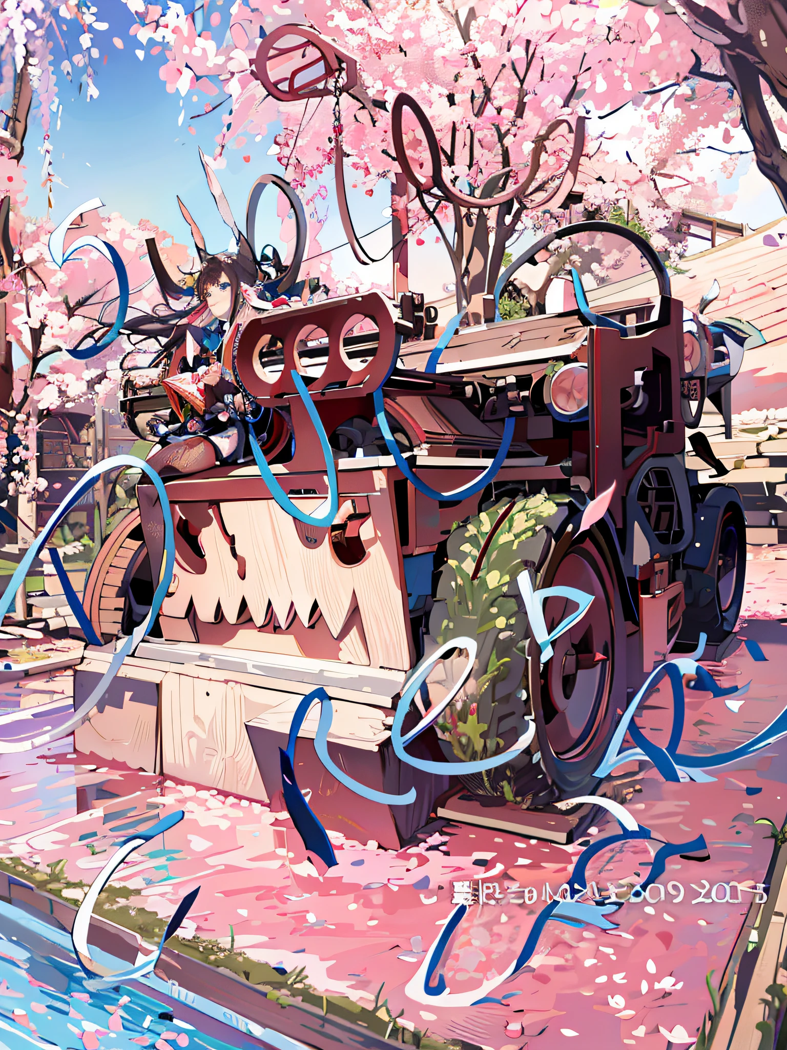 Illustration style, overhead view, dynamic angle, ultra-detailed, close-up shot of a girl with blue eyes, brown hair, and cat ears wearing a pink Miko outfit (1.4) and white stockings. She has bangs, an aura above or behind her head, and is looking at the viewer with a slight smile while showing her bare shoulders. The girl's hands are hidden behind her back while standing upright. She wears a cherry blossom hair accessory ([[0.55]::0.85]) and is surrounded by falling cherry blossoms, flowing water, a beautiful cherry blossom tree, and flying translucent blue butterflies (1.15). The scene is set near a shrine gate with ultra-detailed ruins in the background, an abysmal sea, and a dull blue world tree (1.14). The girl's delicate fingers and hands are emphasized with yubao (0.5).