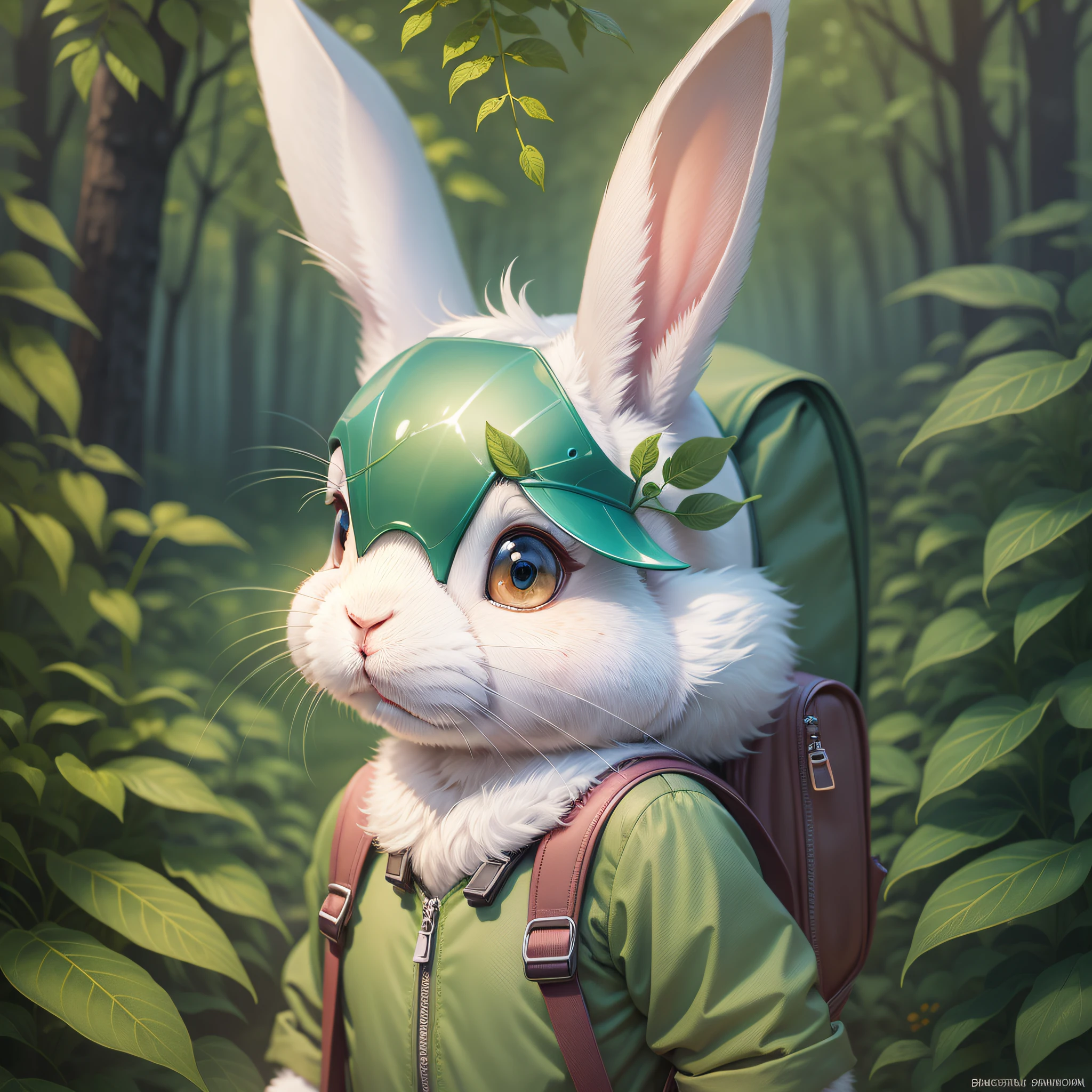 Cartoon rabbit with backpack in enchanted forest