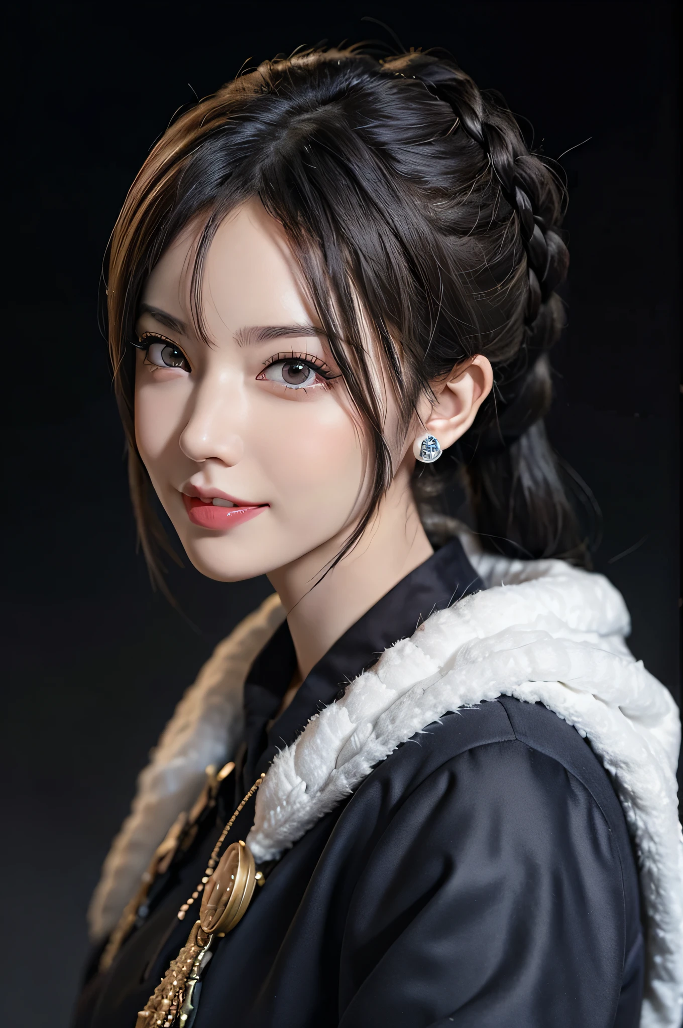 1girl,photorealistic,naughty face, white hair,rolling_eyes,ahegao, open mouth, evil smile, srtong wind,twin_braids, earrings, jewelry, animal,