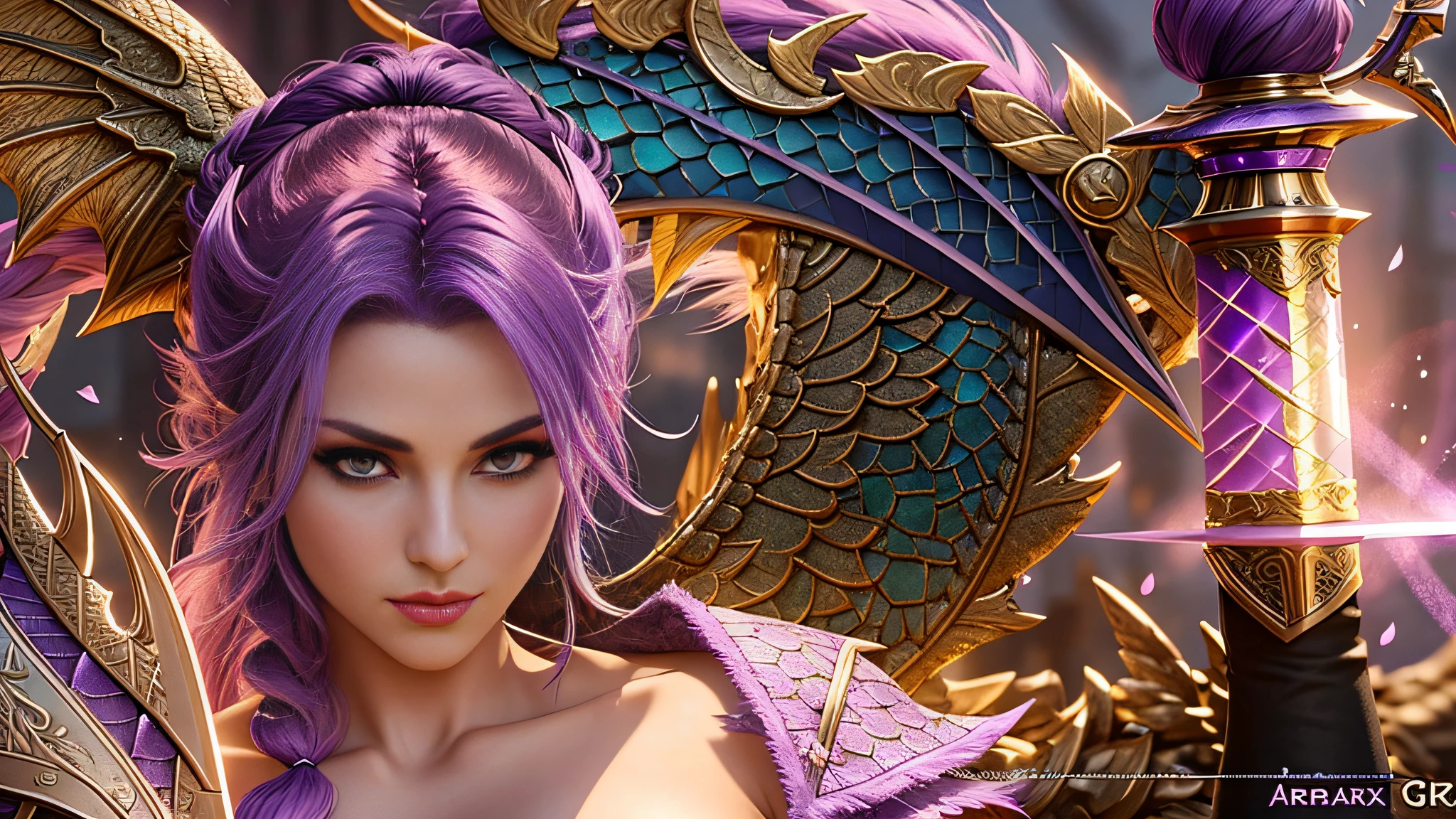 arafed female with purple hair and a sword in a game, character close up, 8 k uhd character details, 4 k detail fantasy, character close-up, 8 k character details, morrigan, a beautiful detailed orixa, close up character, soft delicate draconic features, new character, female character, dragon scales in hair, pink wispy hair