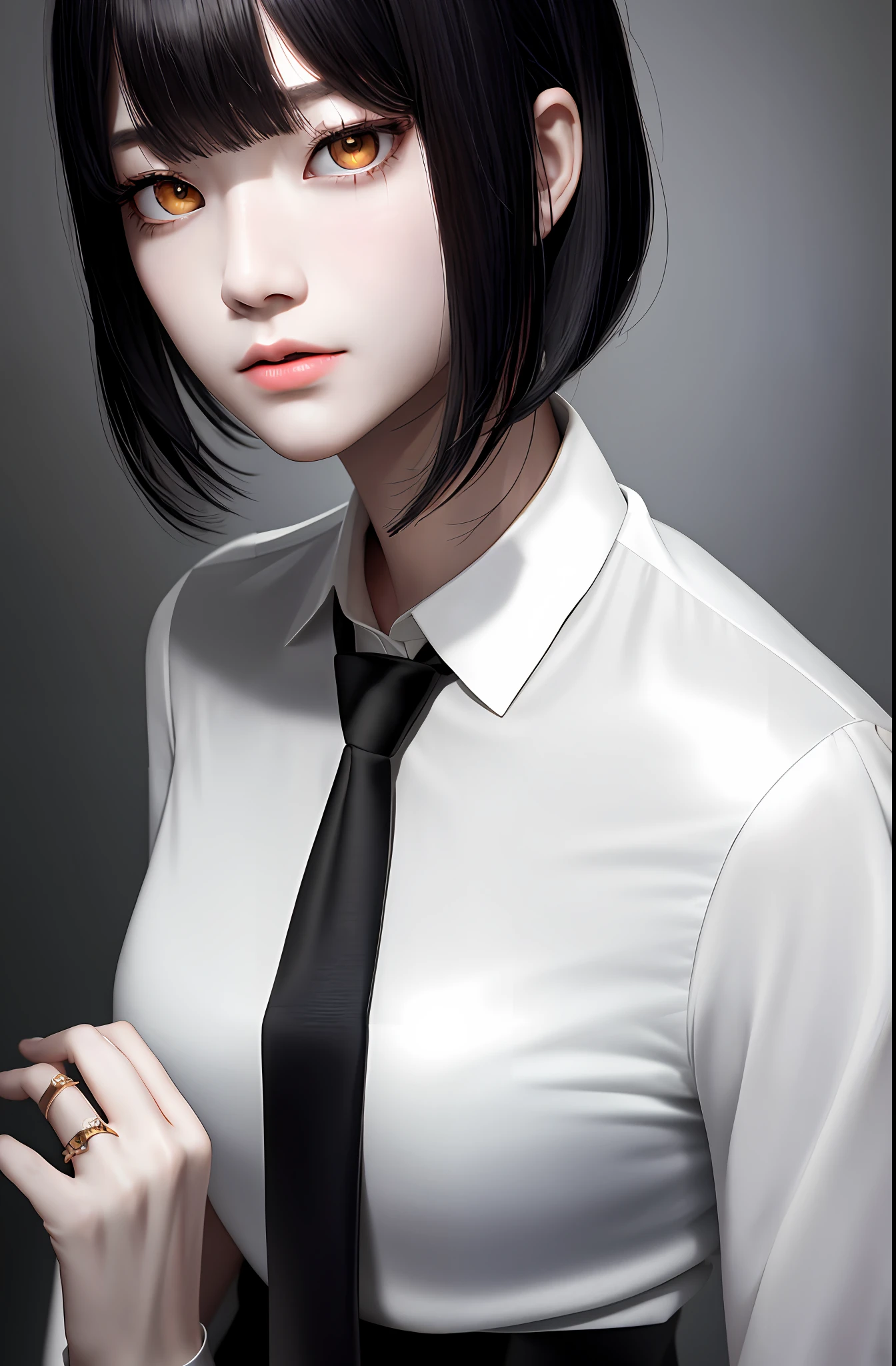 Masterpiece, (Photorealistic: 1.4), Top Quality, Beautiful Lighting, (ulzzang-6500:0.5), Makima \(Chainsaw Man\), (Black Hair) + (Bob Hair) + (Bangs), Black Eyes, Golden Eyes, (((Ring Eyes)), (White Shirt), (Tie), RAW Photography, 8k UHD, Film Grain