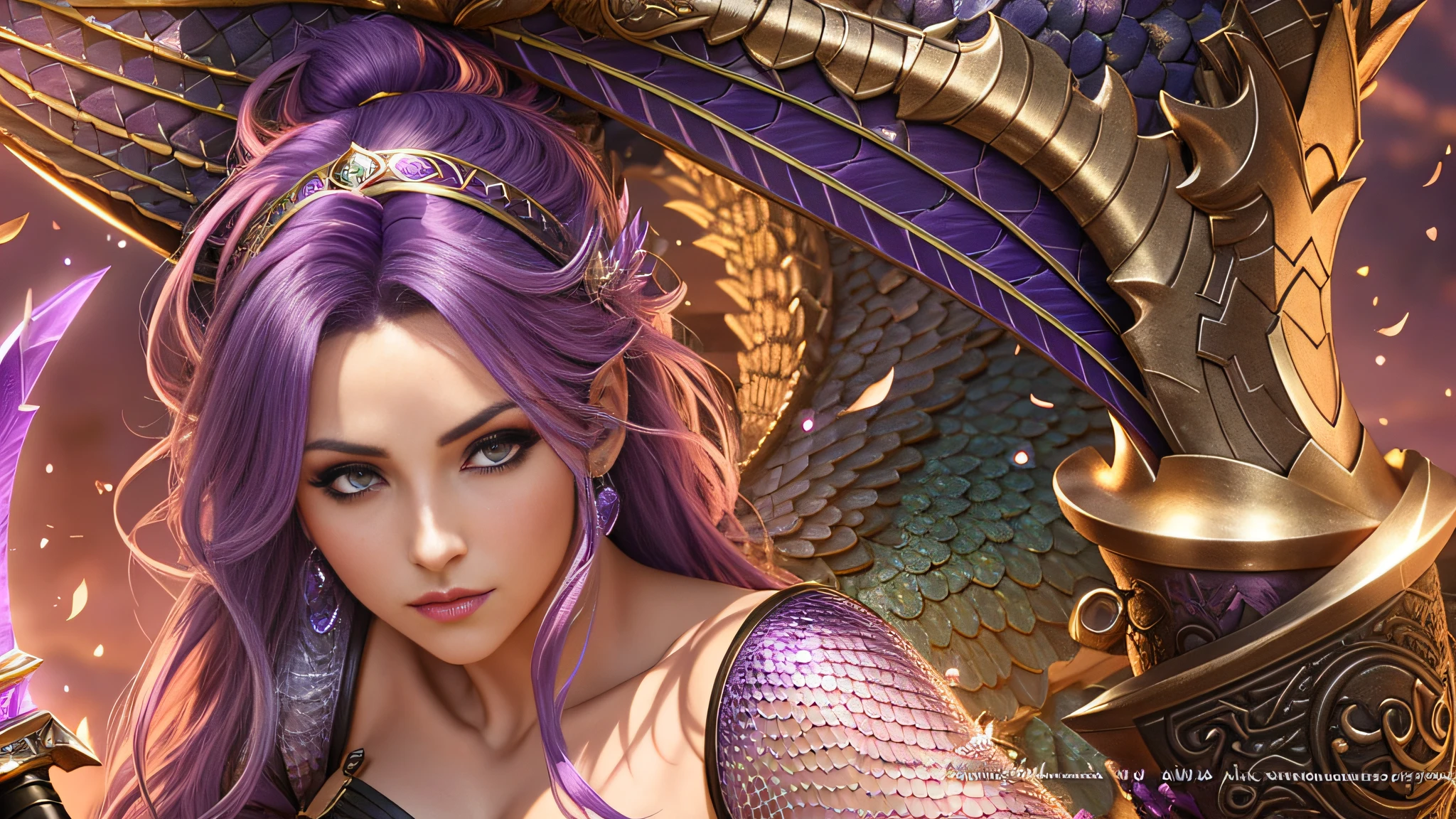 arafed female with purple hair and a sword in a game, character close up, 8 k uhd character details, 4 k detail fantasy, character close-up, 8 k character details, morrigan, a beautiful detailed orixa, close up character, soft delicate draconic features, new character, female character, dragon scales in hair, pink wispy hair