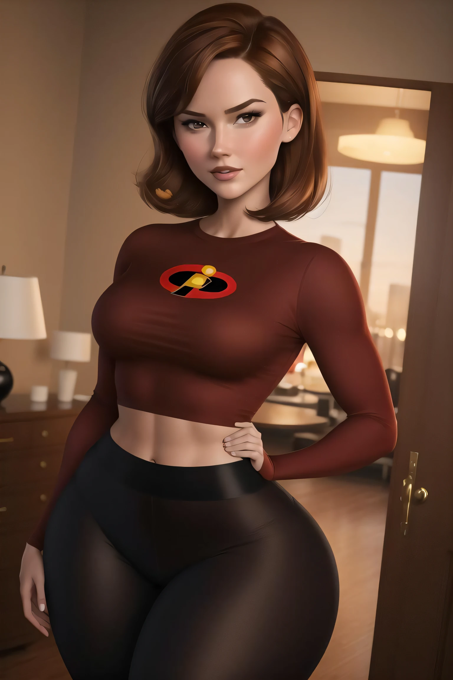 helen parr, masterpiece, best quality, 1girl, solo, brown hair, short hair, lips, hand on hip, pants, breasts, brown eyes, black pants, wide hips, small breasts, thick thighs, shirt, tight, thighs, tight pants, looking at viewer, navel