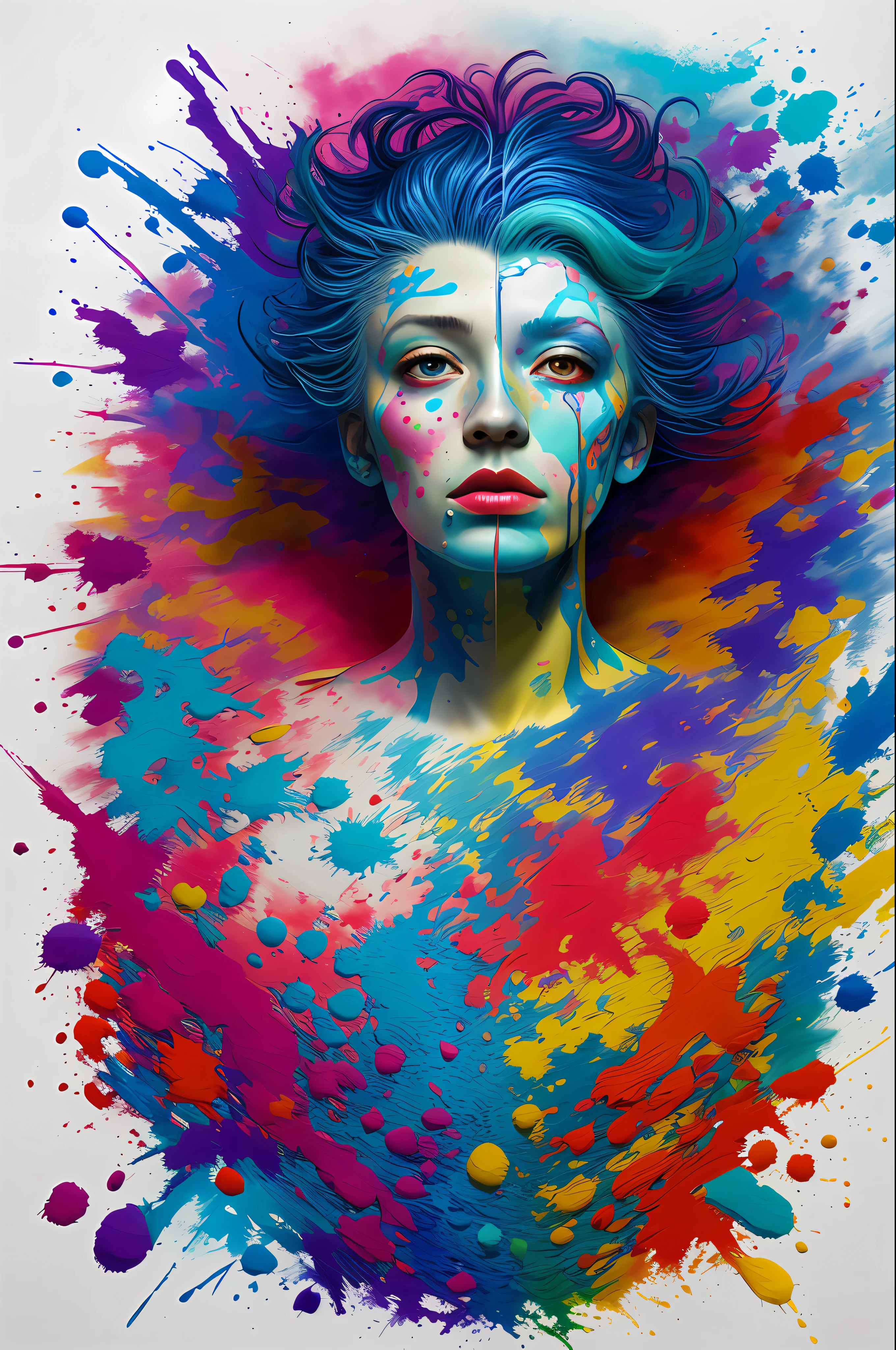 a woman with blue hair wearing a colorful outfit and a colorful background with paint splatters on it, by Hirohiko Araki,official art, unity 8k wallpaper, ultra detailed, beautiful and aesthetic, masterpiece, best quality, (zentangle, mandala, tangle, entangle), 1girl, extremely detailed, dynamic angle, cowboyshot, the most beautiful form of chaos, elegant, a brutalist designed, vivid colours, romanticism, by james jean, roby dwi antono, ross tran, francis bacon, michal mraz, adrian ghenie, petra cortright, gerhard richter, takato yamamoto, ashley wood, atmospheric, ecstasy of musical notes, streaming musical notes visible