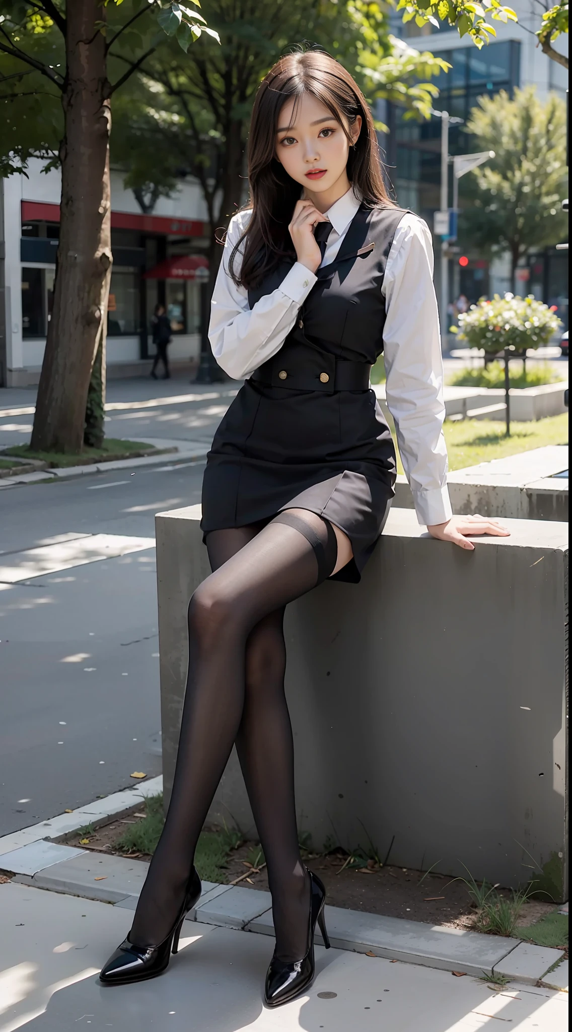 Best quality, full body portrait, delicate face, pretty face, 25 year old woman, slim figure, small bust, OL uniform, office clothes, black stockings, outdoor scene, sitting position