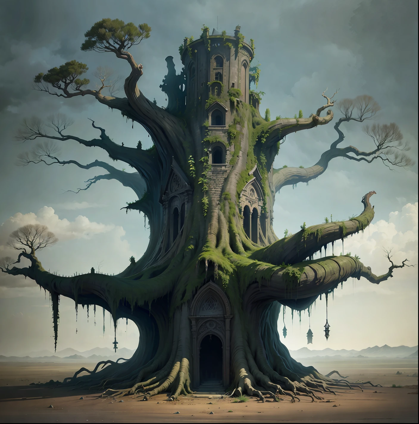 realistic image of an ancient, haunted tree, powerful, spooky, haunted, scary, creepy, magical, fantasy, rendered as a matte painting
