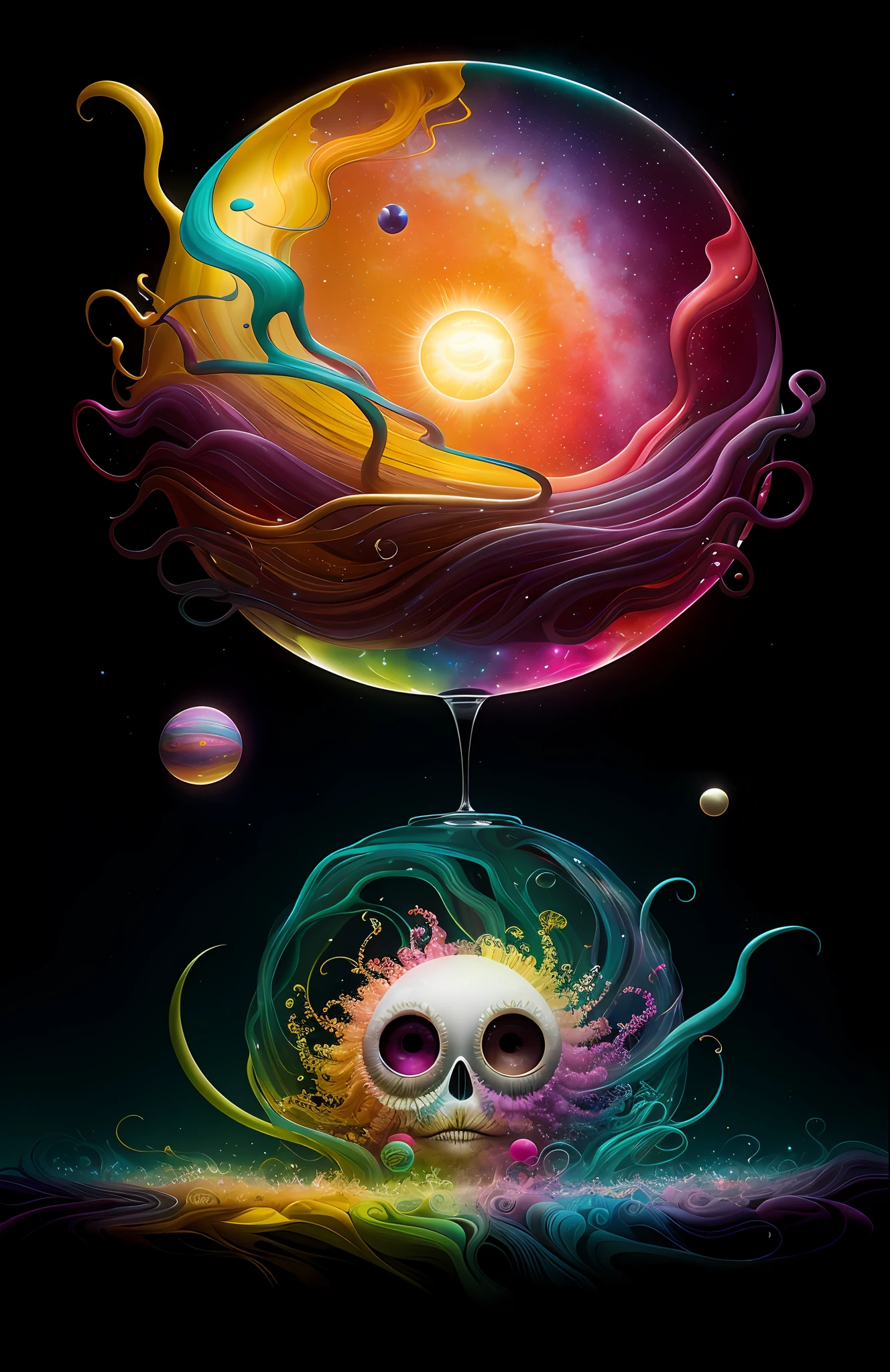 colorpop style, photo photo portrait of the sun surrounded by orbiting planetary moons, blonde pointy hair, natalie shau, mark ryden, alberto seveso, brooke shaden, anna dittmann, flora borsi, 8k resolution, perfect composition, milky way, rainbow color, flying insects, scales, wings, blue, texture, complex, gorgeous, shadow, pastel colors, 3d, Highly detailed, decorated in style, Tim Burton, Dale Chihuly, Xiaolongcheng, Cyril Rolando, by J. Gigue