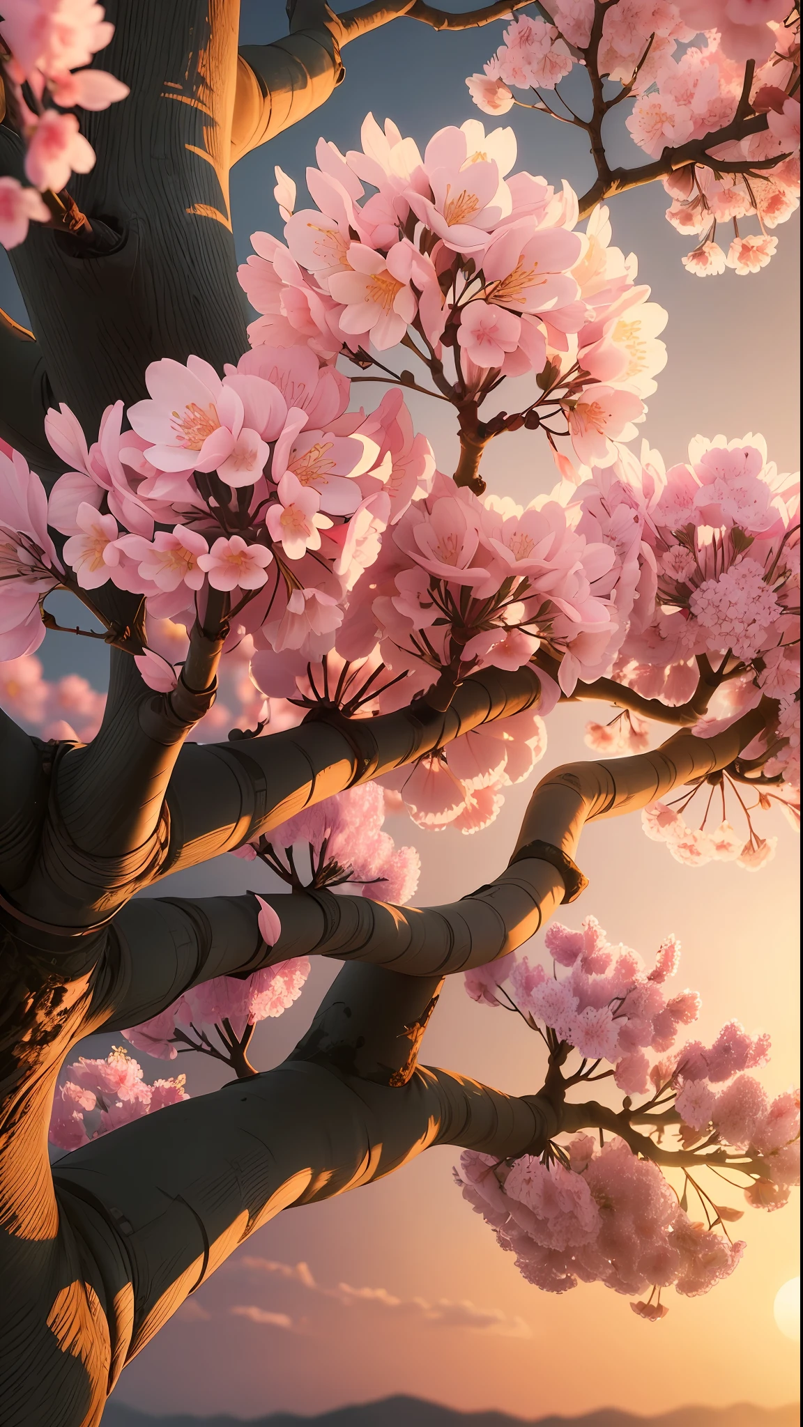 Creates a high resolution image of a cherry blossom tree on a beautiful sunset afternoon, close up, ultra detailed, 8K, Sunshine Lights