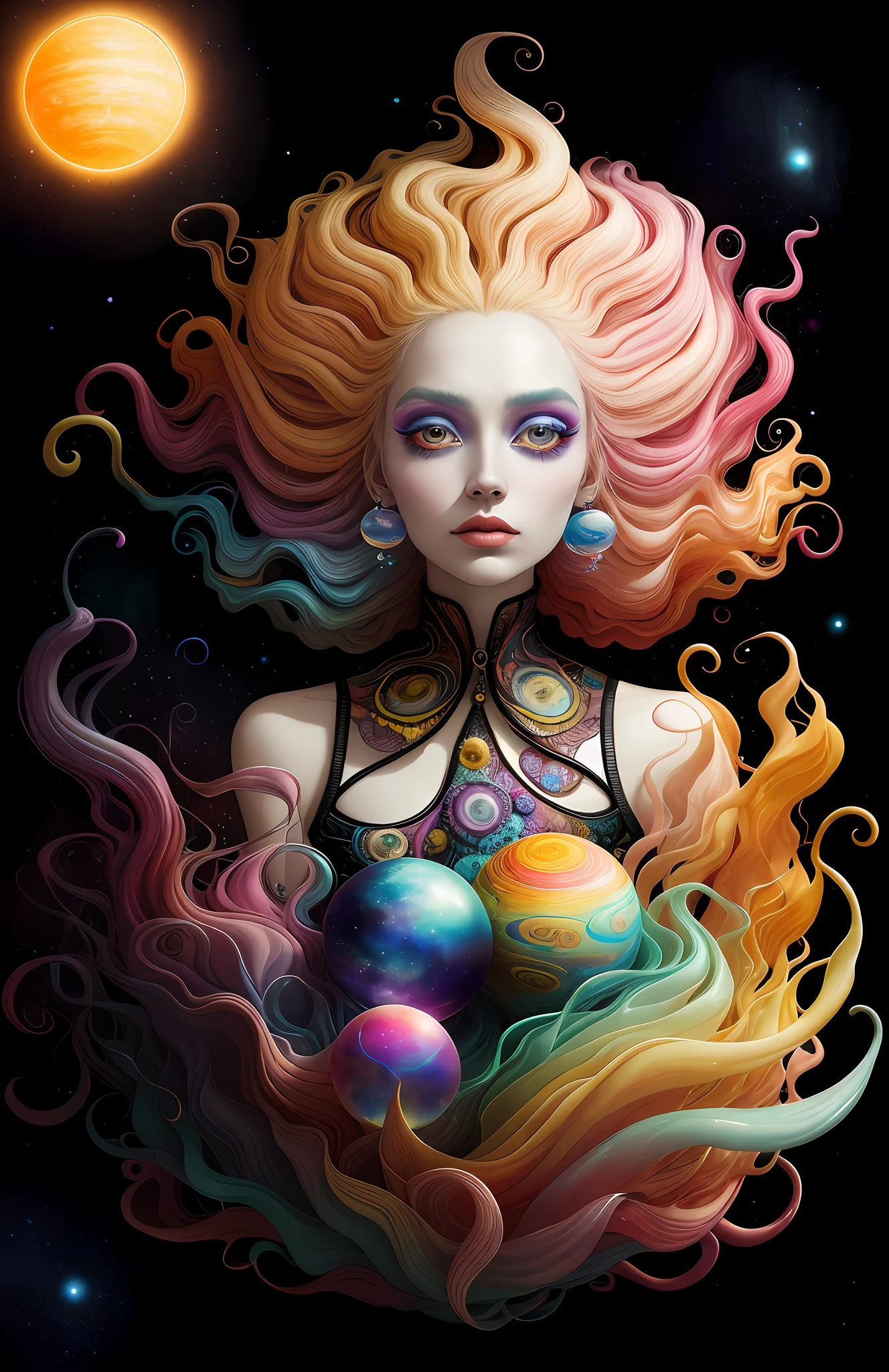 colorpop style, photo photo portrait of the sun surrounded by orbiting planetary moons, blonde pointy hair, natalie shau, mark ryden, alberto seveso, brooke shaden, anna dittmann, flora borsi, 8k resolution, perfect composition, milky way, rainbow color, flying insects, scales, wings, blue, texture, complex, gorgeous, shadow, pastel colors, 3d, Highly detailed, decorated in style, Tim Burton, Dale Chihuly, Xiaolongcheng, Cyril Rolando, by J. Gigue