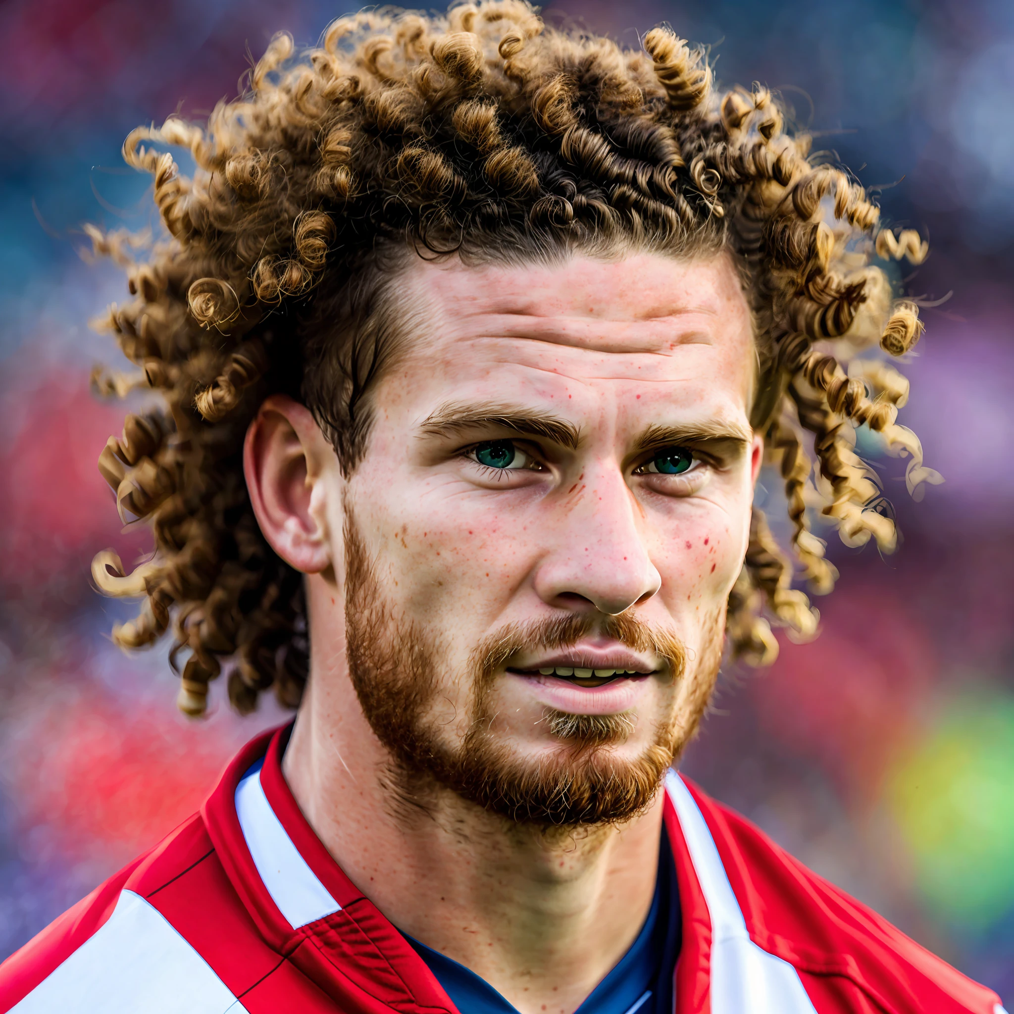 Create a realistic photo of a soccer player with big red curly hair, badly faced, with a scar on his face and with an unshaven beard --auto --s2