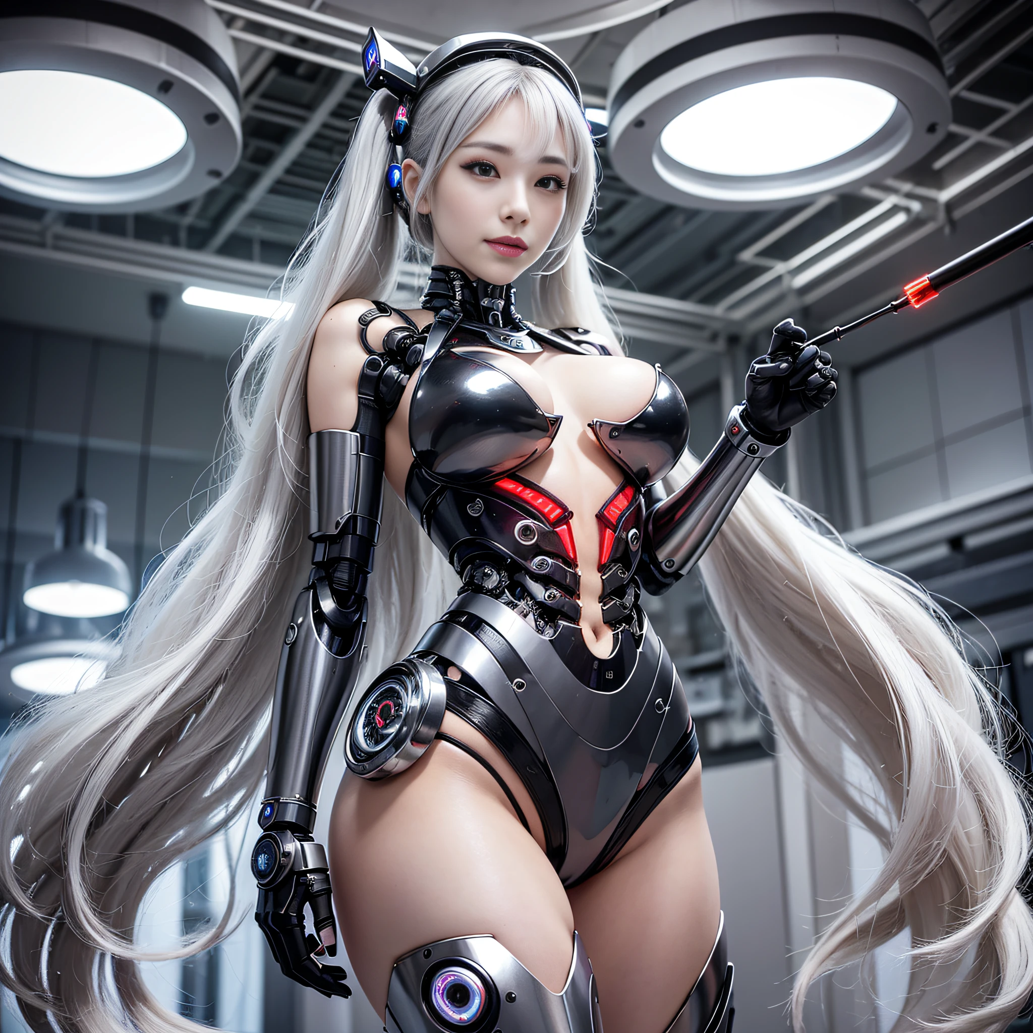 Beautiful Face,face is Japan, 1 Woman, Big, Curvaceous, (16k, RAW photo, top quality, masterpiece: 1.2), (HDR, Realistic, Photorealistic: 1.37) (tube attached to the body), (Bikini Cyborg robot parts)))), (light gray hair), Long hair, Wavy hair, Twin tails, Medium shot, ( Seductive smile)), (black eyes), double eyelids, princess cut, from below, (whole body),posing,,in the lab,( tube connected to blood vessel),((mechanical vertebrae attached to the back)),((mechanical neck attached to the neck)),(wire and cable attached to head and body),(character focus),science fiction,perfect female figure,perfect anatomy, hyperanatomy, full body shot, up to four fingers and one thumb relationship,